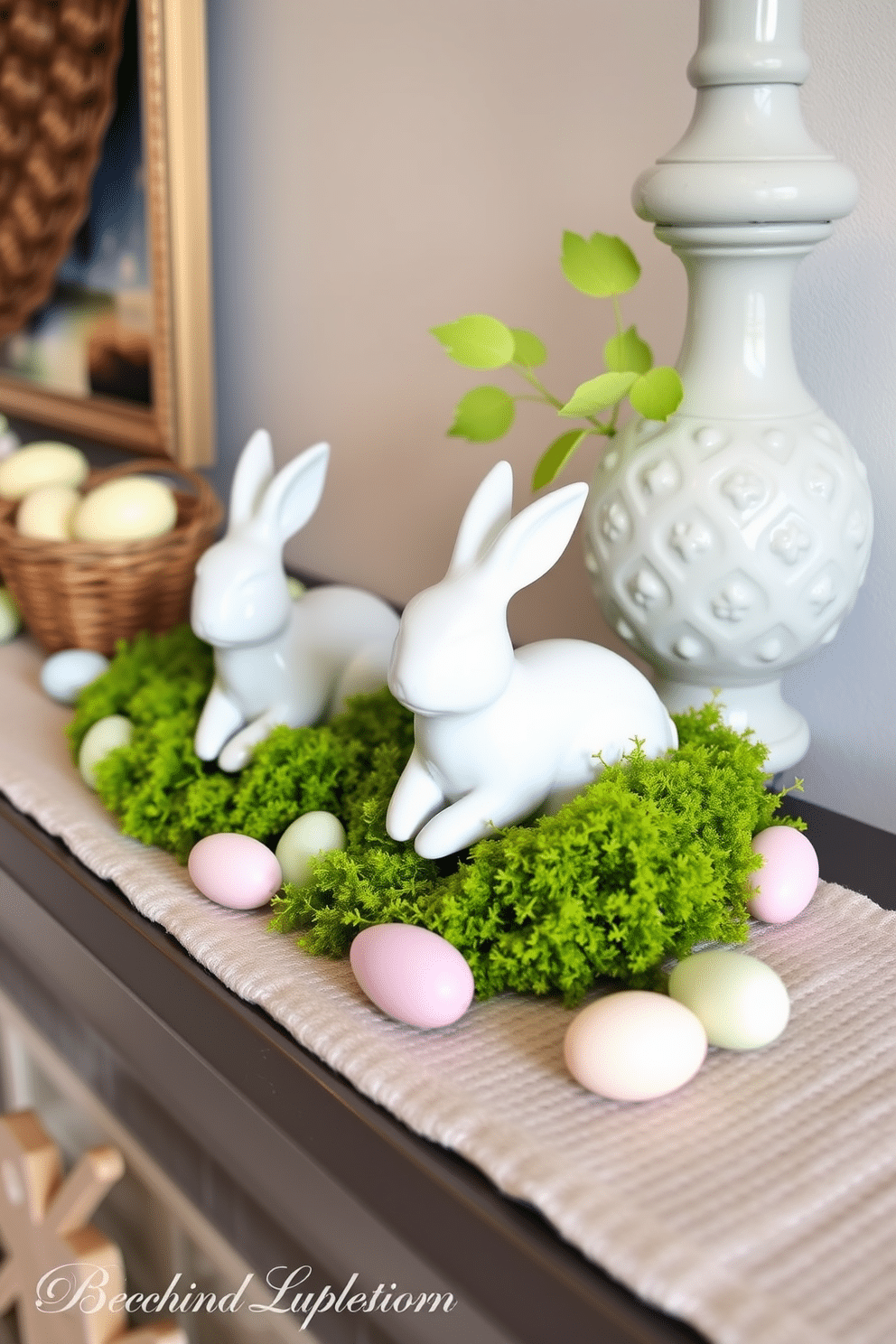 A charming mantel adorned for Easter, featuring white ceramic bunnies nestled among vibrant green moss. The bunnies are playfully positioned on a soft, textured runner, with delicate pastel-colored eggs scattered around them for a festive touch.