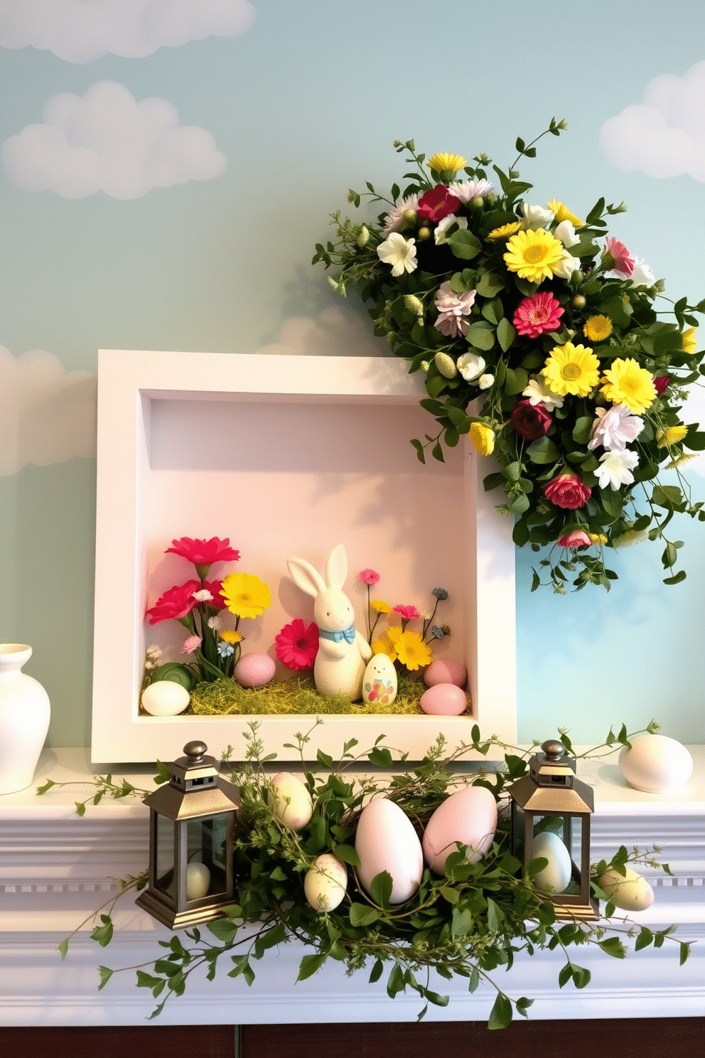 A charming Easter-themed shadow box features a pastel color palette, with a delicate bunny figurine nestled among vibrant spring flowers and colorful eggs. The background is adorned with soft clouds and a bright blue sky, creating a whimsical atmosphere that evokes the joy of the holiday. For mantel Easter decorating ideas, envision a beautifully arranged display with a mix of natural elements and festive decor. Fresh greenery intertwines with decorative eggs and small lanterns, while a large, elegant wreath made of flowers and foliage serves as the focal point above the mantel.