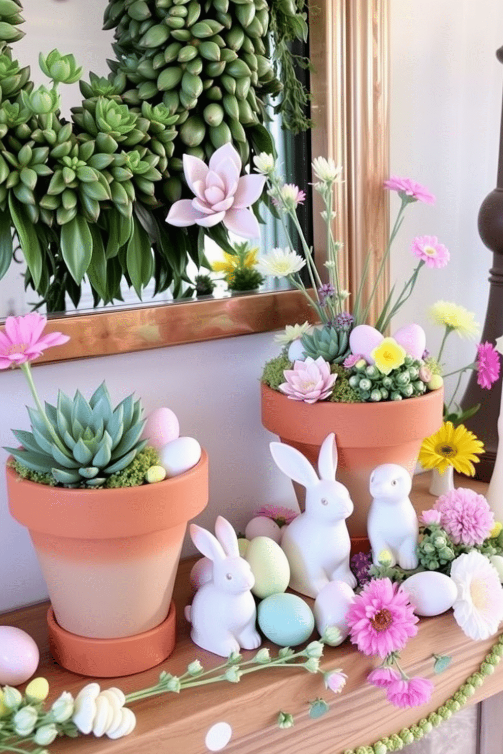 Succulent planters arranged with delicate egg accents create a whimsical and vibrant display. The planters, made of terracotta, feature a variety of lush succulents nestled among pastel-colored eggs, enhancing the springtime atmosphere. For mantel Easter decorating ideas, a beautifully styled mantelpiece showcases an array of decorative elements. Incorporating soft pastel hues, there are charming bunnies, colorful eggs, and fresh flowers, all artfully arranged to evoke a festive and inviting ambiance.