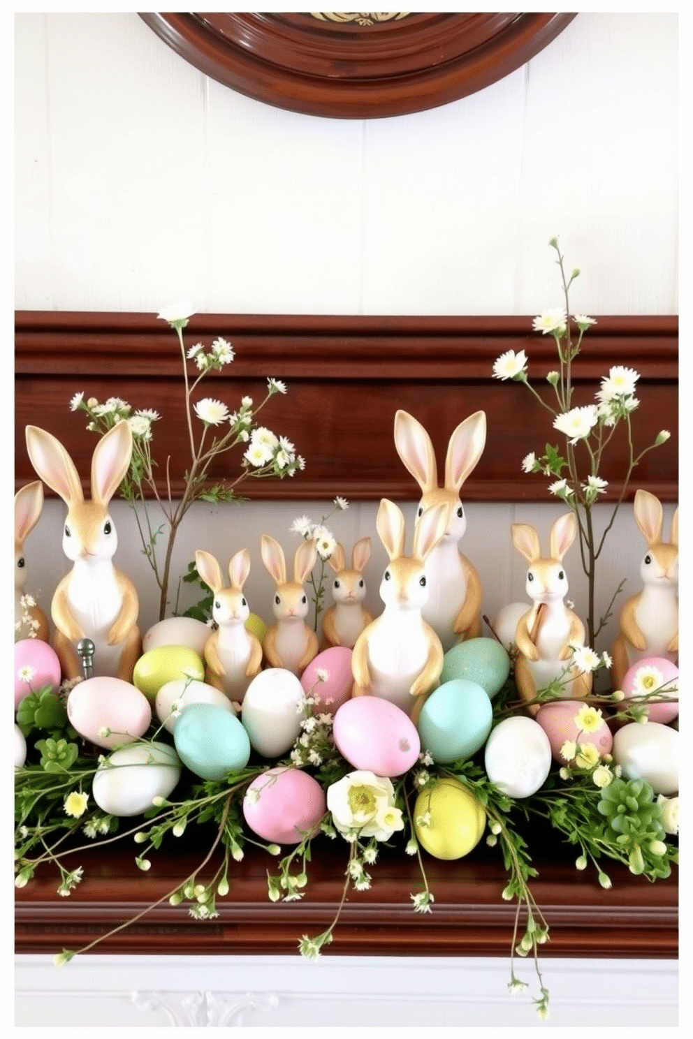 A charming mantel decorated for Easter features an array of vintage rabbit figurines in various sizes and colors, arranged artfully among pastel-colored eggs. Soft, natural greenery and delicate flowers are interspersed throughout, creating a whimsical and inviting spring atmosphere.