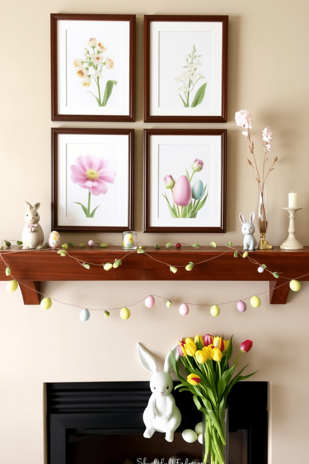 A bright and cheerful spring-themed display features framed prints of blooming flowers and pastel-colored eggs, arranged in a gallery style above a rustic wooden mantel. The mantel is adorned with delicate Easter decorations, including a bunny figurine, colorful egg garlands, and a vase filled with fresh tulips, creating a warm and inviting atmosphere.