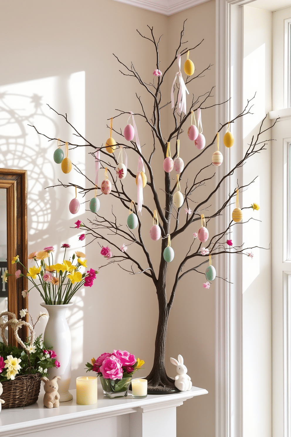 A whimsical decorative Easter egg tree stands elegantly in the corner of a sunlit room. The branches are adorned with a variety of colorful, hand-painted eggs, each hanging delicately from pastel ribbons. On the mantel, a charming display of spring flowers in vibrant hues complements the Easter theme. Softly lit candles and small decorative bunnies add a cozy touch, creating a festive atmosphere for the holiday celebration.