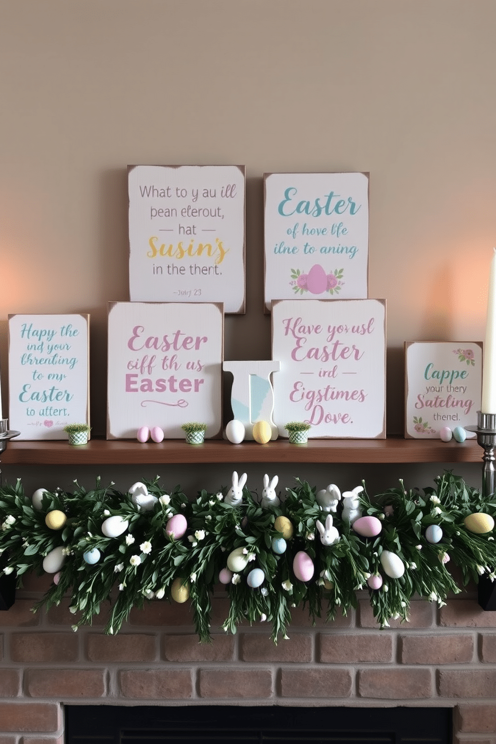 A charming display of wooden signs featuring uplifting Easter quotes, each sign adorned with pastel colors and floral designs. The signs are arranged on a rustic wooden shelf, surrounded by decorative eggs and small potted spring flowers. An elegantly decorated mantel for Easter, featuring a garland of faux greenery interspersed with colorful eggs and delicate bunnies. Candles of varying heights are placed on either side, casting a warm glow over the festive arrangement.