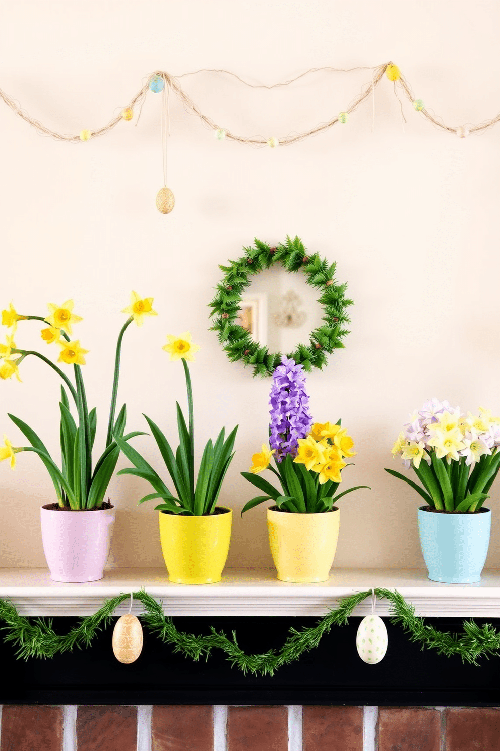 A charming mantel decorated for Easter, featuring vibrant potted daffodils and fragrant hyacinths in colorful ceramic pots. The backdrop is a soft pastel-colored wall, adorned with delicate spring-themed garlands and decorative eggs hanging from the mantelpiece.