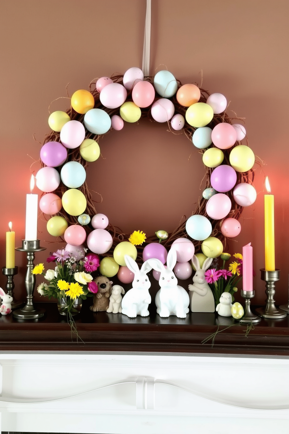 A vibrant egg wreath adorned with pastel-colored eggs is gracefully hung above the mantel, bringing a cheerful touch to the room. The mantel is styled with an assortment of decorative bunnies, fresh spring flowers, and colorful candles, creating a festive Easter atmosphere.