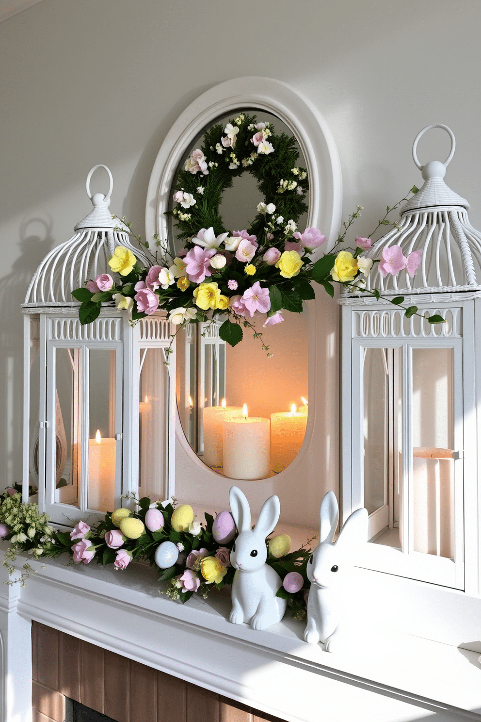 Easter-themed lanterns adorned with delicate floral arrangements and pastel-colored candles create a whimsical ambiance. The lanterns are made of white wicker, casting soft shadows on the surrounding surfaces, while the candles flicker gently within. The mantel is elegantly decorated with a garland of spring blossoms and Easter eggs in various shades of pink, yellow, and lavender. A pair of charming ceramic bunnies sit on either end, completing the festive look and inviting warmth into the space.