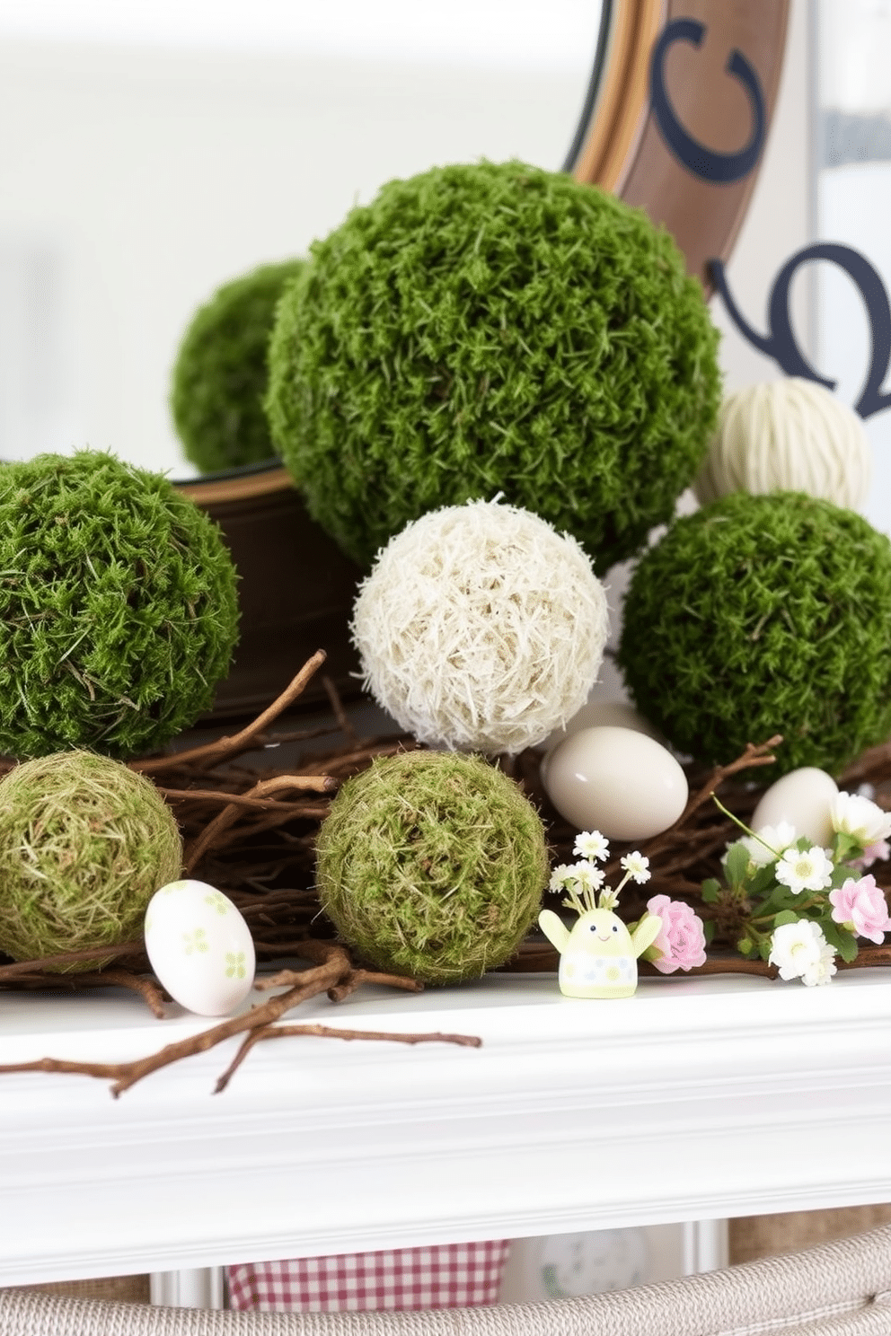 A charming mantel adorned for Easter features decorative moss balls in varying sizes, nestled among natural twigs for a rustic touch. Soft pastel accents, such as delicate egg ornaments and small floral arrangements, complement the earthy elements, creating a warm and inviting atmosphere.