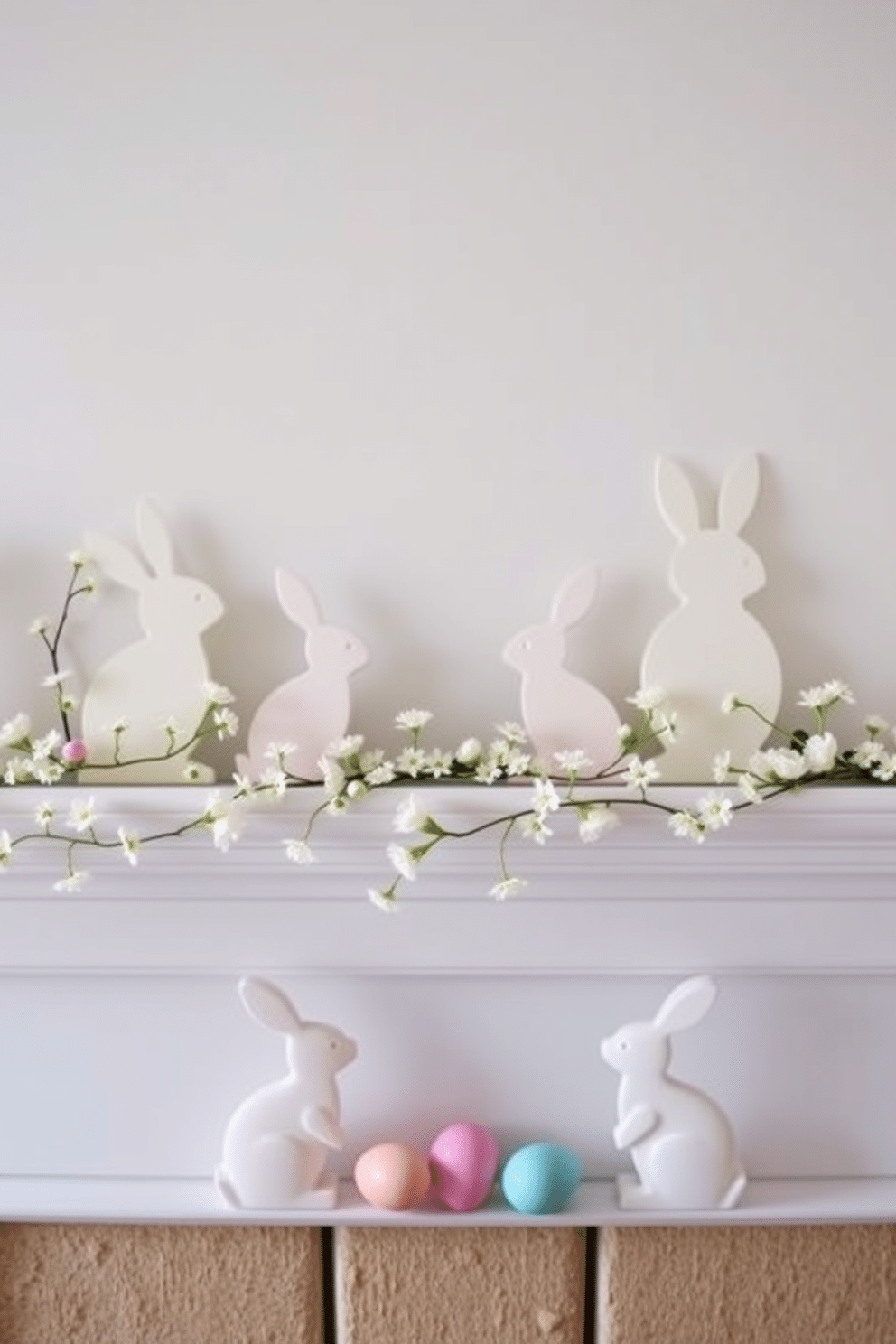 A charming mantel decorated for Easter features bunny silhouettes in soft pastel colors, creating a whimsical and festive atmosphere. The backdrop is adorned with delicate floral garlands, while colorful eggs are nestled among the bunnies, adding a playful touch to the arrangement.