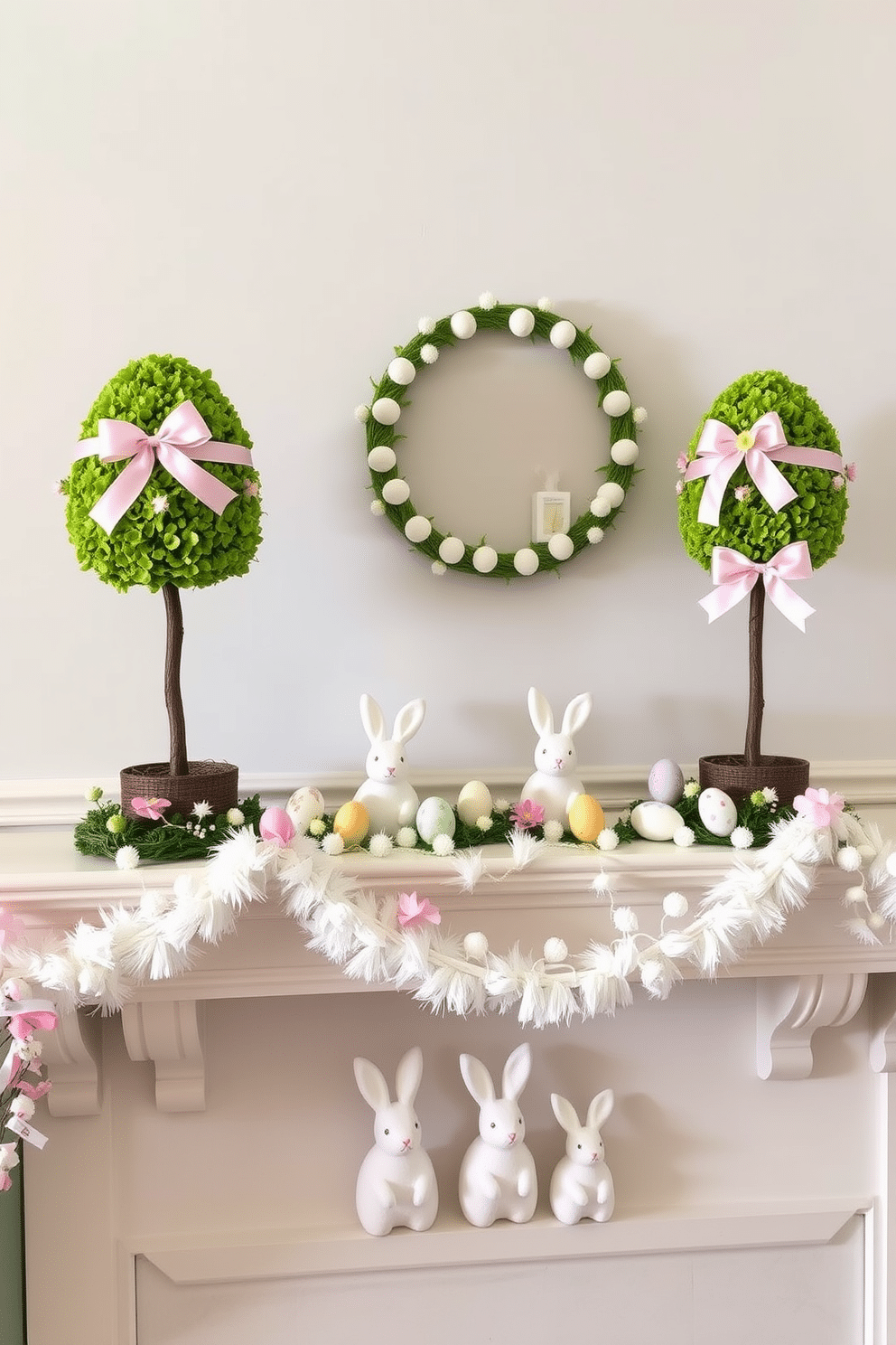 A charming Easter display features a pair of vibrant topiary trees shaped like eggs, adorned with pastel ribbons and delicate floral accents. These whimsical trees are positioned on either side of a beautifully styled mantel, which is draped with a soft white garland and dotted with colorful eggs and spring flowers. The mantel serves as a focal point, showcasing an array of decorative bunnies and handcrafted ornaments that celebrate the Easter theme. A subtle backdrop of soft pastel colors enhances the festive atmosphere, creating a warm and inviting setting perfect for holiday gatherings.