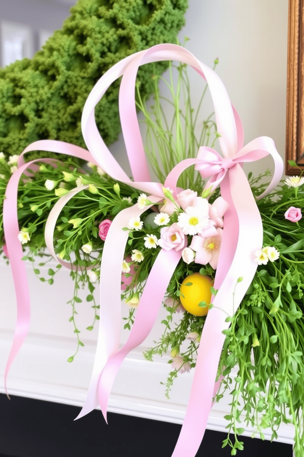 A charming mantel decorated for Easter features fresh greenery intertwined with delicate pastel ribbons, creating a vibrant yet soft aesthetic. The arrangement includes seasonal flowers and colorful eggs nestled among the foliage, enhancing the festive atmosphere.