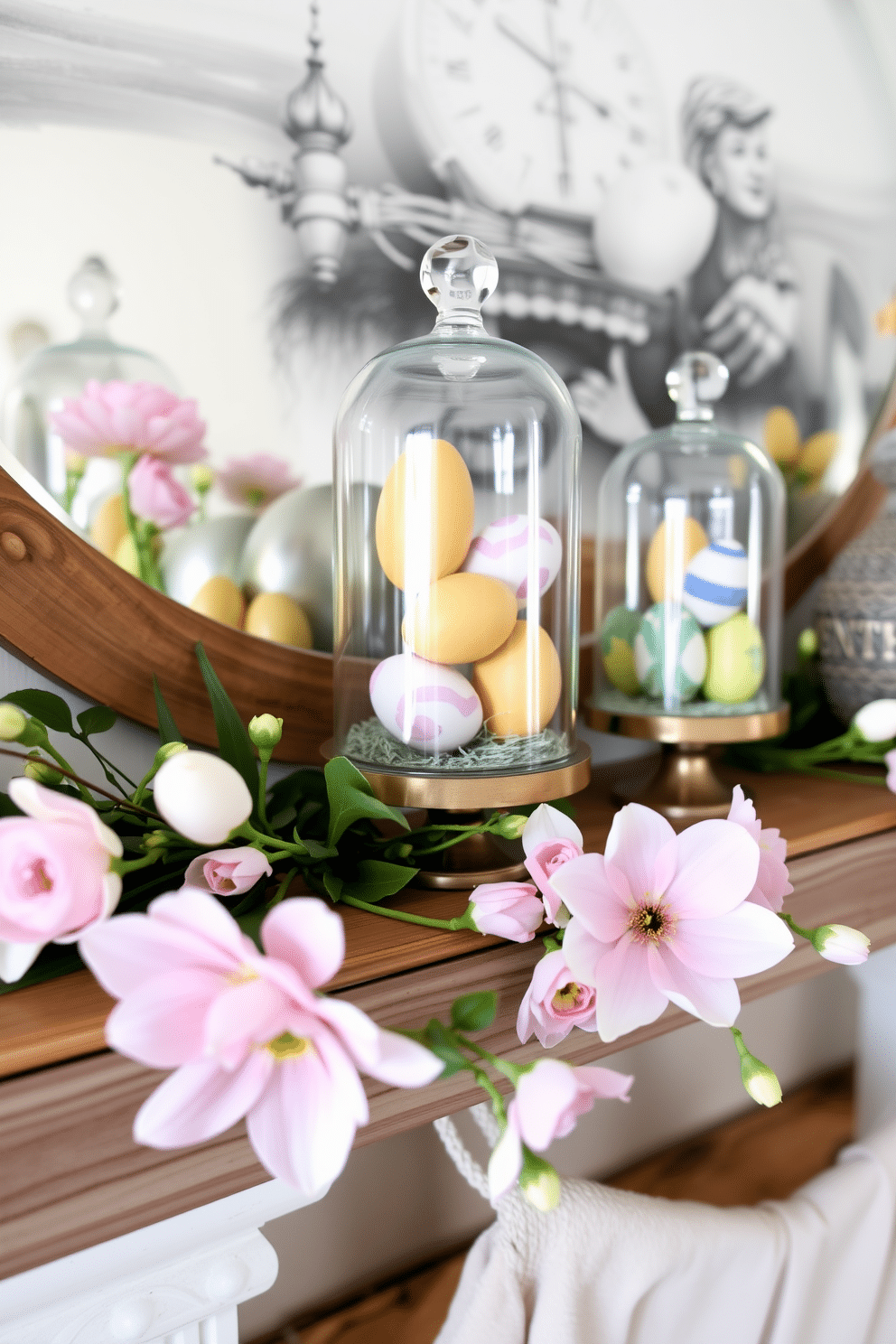 A charming mantel decorated for Easter features elegant glass cloches filled with colorful, hand-painted eggs. The cloches are arranged on a rustic wooden mantel alongside fresh spring flowers in pastel hues, creating a vibrant and inviting centerpiece.