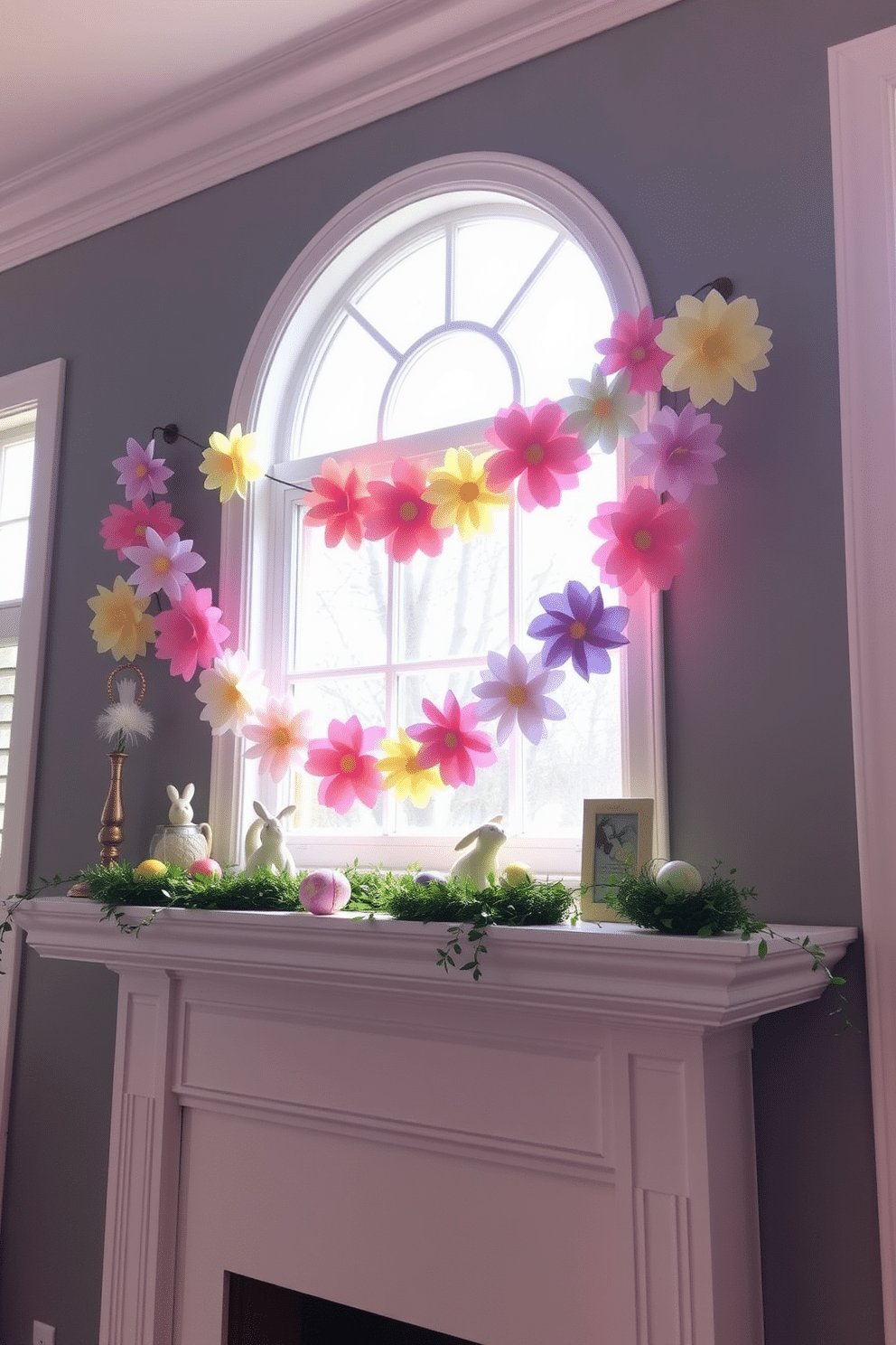 A whimsical display of a handmade paper flower garland drapes elegantly across a light-filled mantel. The garland features an array of pastel colors, creating a cheerful and festive atmosphere for Easter celebrations. Adorning the mantel are decorative elements that complement the paper flowers, including ceramic bunnies and colorful eggs nestled among greenery. Soft, natural light filters through nearby windows, enhancing the vibrant hues and inviting a sense of springtime joy.