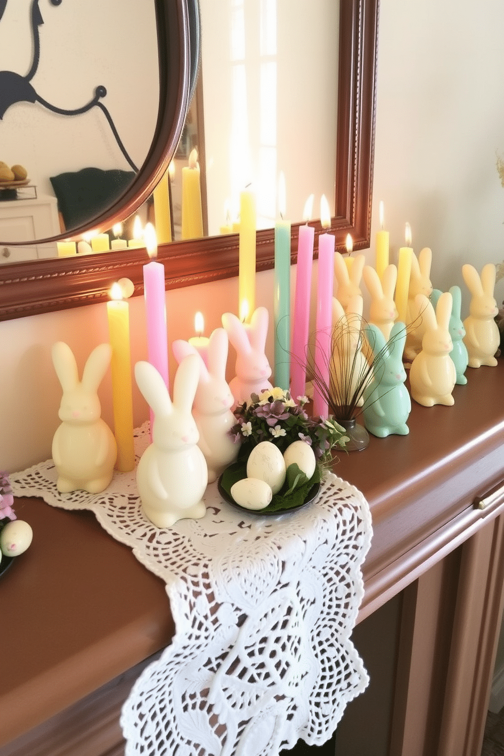 A charming mantel decorated for Easter features an array of bunny and egg-shaped candles in pastel colors, creating a whimsical and festive atmosphere. The candles are arranged on a white lace runner, complemented by small floral arrangements and decorative eggs nestled among them.