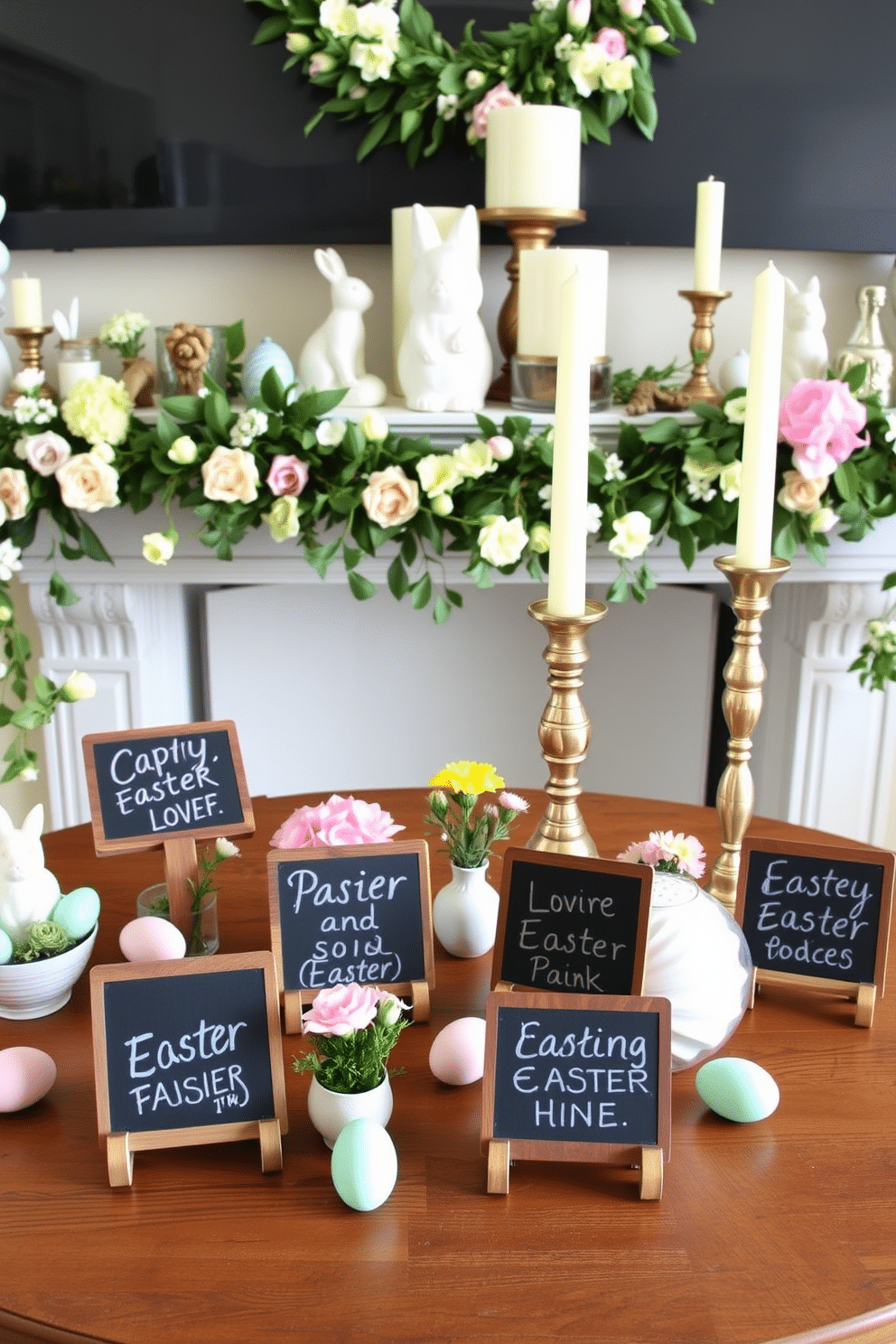 A charming display of mini chalkboard signs features whimsical Easter messages, each sign beautifully handwritten in colorful chalk. The signs are arranged on a rustic wooden table, surrounded by pastel-colored eggs and small floral arrangements for a festive touch. The mantel is adorned with a delightful mix of spring decor, including a garland of faux flowers and bunnies. Elegant candles in varying heights sit alongside decorative eggs, creating a warm and inviting atmosphere perfect for celebrating the season.