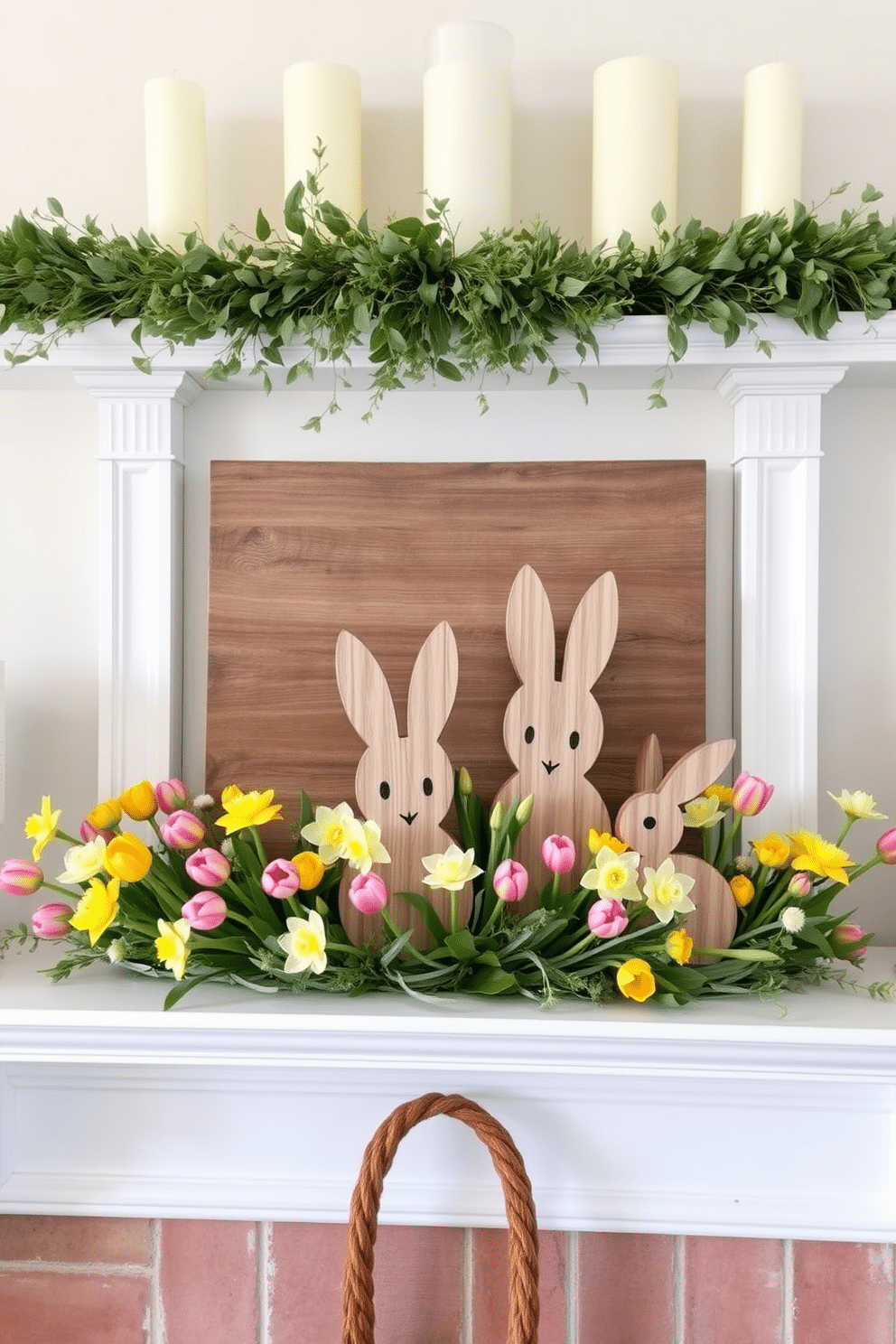 A charming mantel adorned with rustic wooden bunnies surrounded by vibrant spring flowers creates a warm, inviting atmosphere. The bunnies, crafted from reclaimed wood, sit nestled among a colorful arrangement of tulips and daffodils, adding a touch of whimsy to the decor. Above the mantel, a delicate garland of greenery complements the seasonal theme, while soft, pastel-colored candles in varying heights provide a cozy glow. This delightful display captures the essence of Easter, blending natural elements with festive cheer for a beautiful spring celebration.