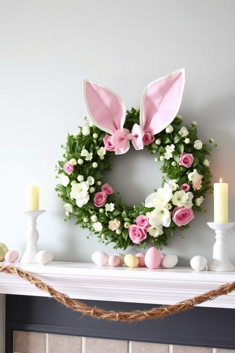 A charming mantel decorated for Easter features a lush floral wreath adorned with delicate bunny ears, creating a whimsical yet elegant focal point. The mantel is complemented by pastel-colored candles and a variety of decorative eggs, enhancing the festive atmosphere.