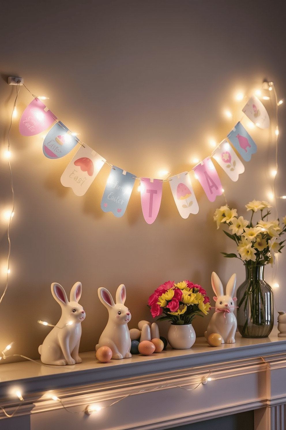 A festive Easter banner adorned with twinkling fairy lights stretches across the mantel, creating a warm and inviting atmosphere. The banner features pastel colors and charming Easter-themed designs, enhancing the seasonal decor. On the mantel, a collection of decorative elements includes ceramic bunnies, colorful eggs, and fresh spring flowers in a vase. The twinkling lights reflect off the shiny surfaces, adding a magical touch to the Easter celebration.