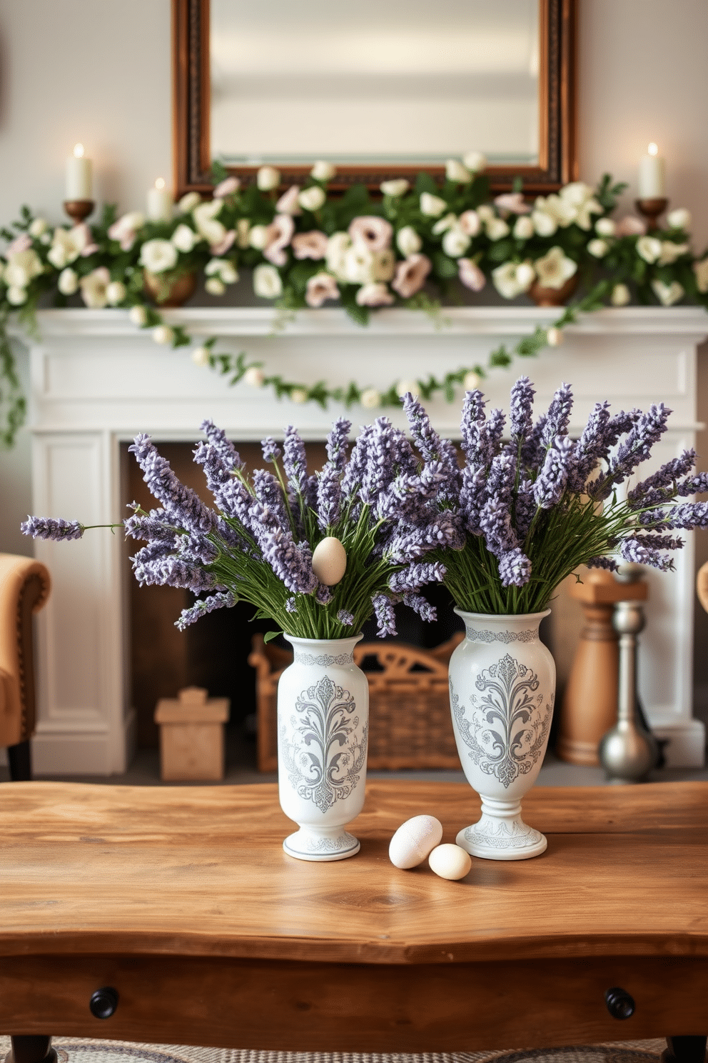 A charming living room setting adorned with lavender bouquets in vintage vases. The vases, with intricate floral patterns, are placed on a rustic wooden coffee table, adding a touch of elegance to the space. The mantel is beautifully decorated for Easter, featuring pastel-colored eggs nestled among greenery. A delicate garland of flowers drapes gracefully across the mantel, complemented by soft, flickering candles on either side.