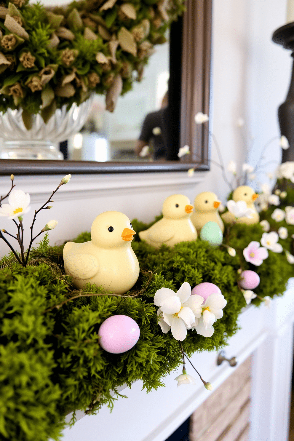 A charming mantel decorated for Easter features ceramic chicks nestled among lush moss accents. The scene is completed with pastel-colored eggs and delicate spring flowers, creating a festive and inviting atmosphere.