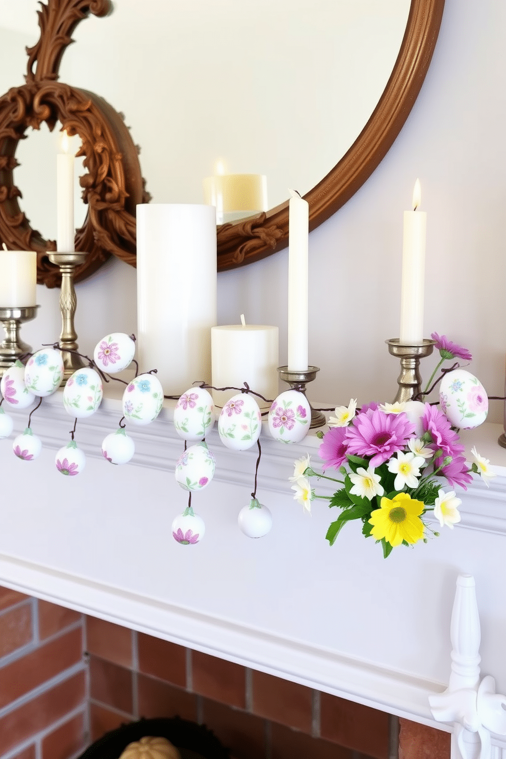 A charming mantel adorned with a hand-painted Easter egg garland. The garland features pastel-colored eggs intricately decorated with floral patterns, gracefully draped across the mantelpiece. Surrounding the garland, soft white candles in varying heights create a warm ambiance. Fresh spring flowers in a vintage vase add a pop of color, completing the festive Easter decor.