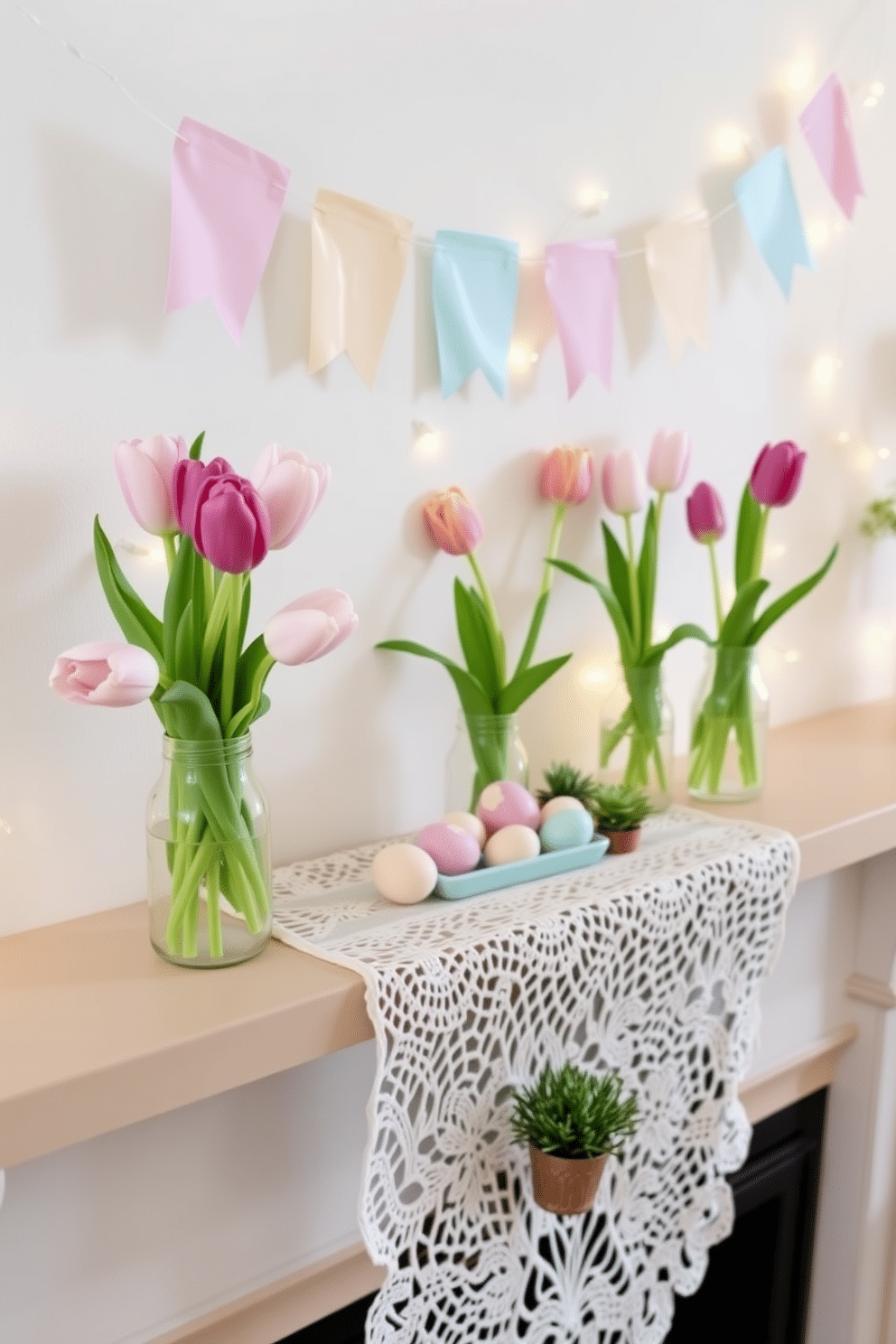 A charming mantel decorated for Easter, featuring fresh tulips in glass jars of varying heights, arranged artfully along the ledge. The background is adorned with pastel-colored banners and delicate string lights, creating a warm and inviting atmosphere. In the center of the mantel, a collection of decorative eggs in soft hues rests on a white lace runner, complemented by small potted plants for a touch of greenery. The overall color palette is light and airy, enhancing the festive spirit of the season.