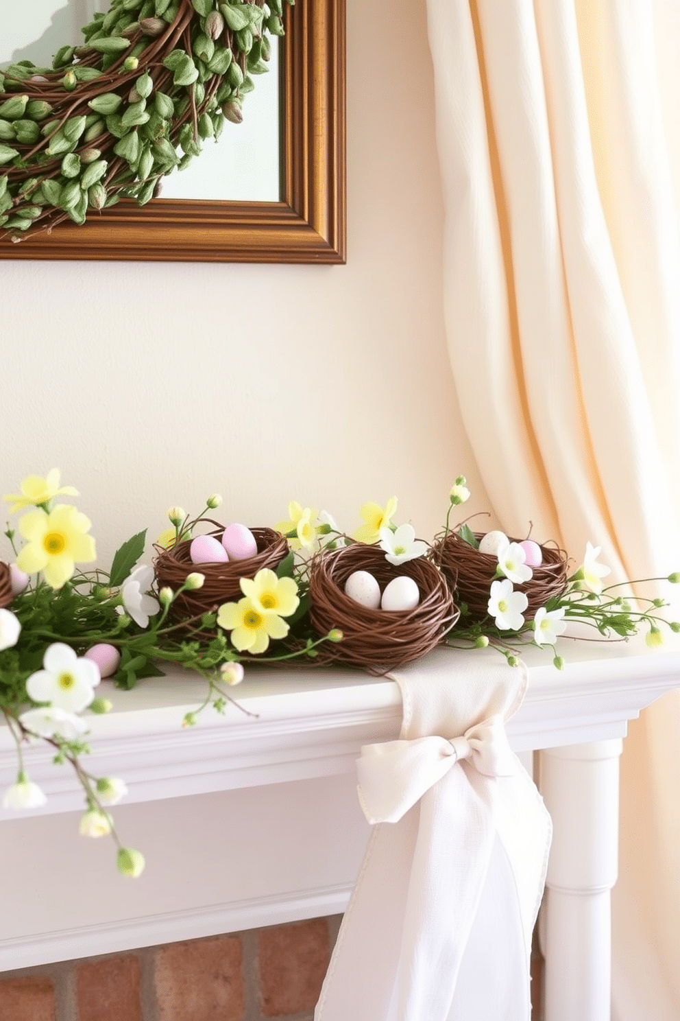 A charming mantel adorned for Easter features delicate miniature bird nests filled with pastel-colored eggs nestled among fresh spring flowers. The backdrop is a soft, neutral fabric draped elegantly, creating a serene and inviting atmosphere that celebrates the season.