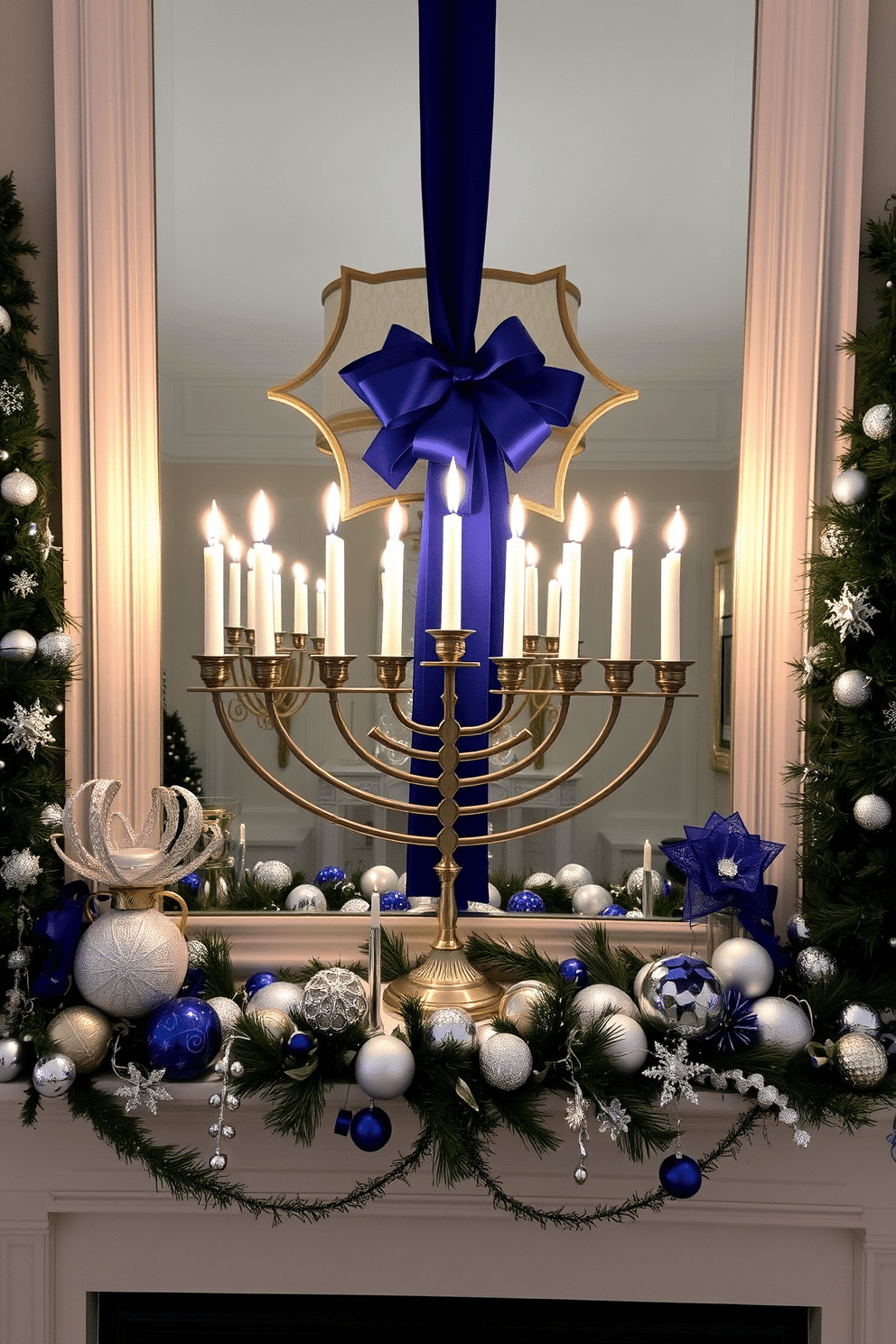 A beautifully decorated mantel for Hanukkah features a stunning menorah as the centerpiece, adorned with lit candles that cast a warm glow. Surrounding the menorah are elegant decorations, including blue and silver accents, festive garlands, and tasteful ornaments that celebrate the holiday spirit.