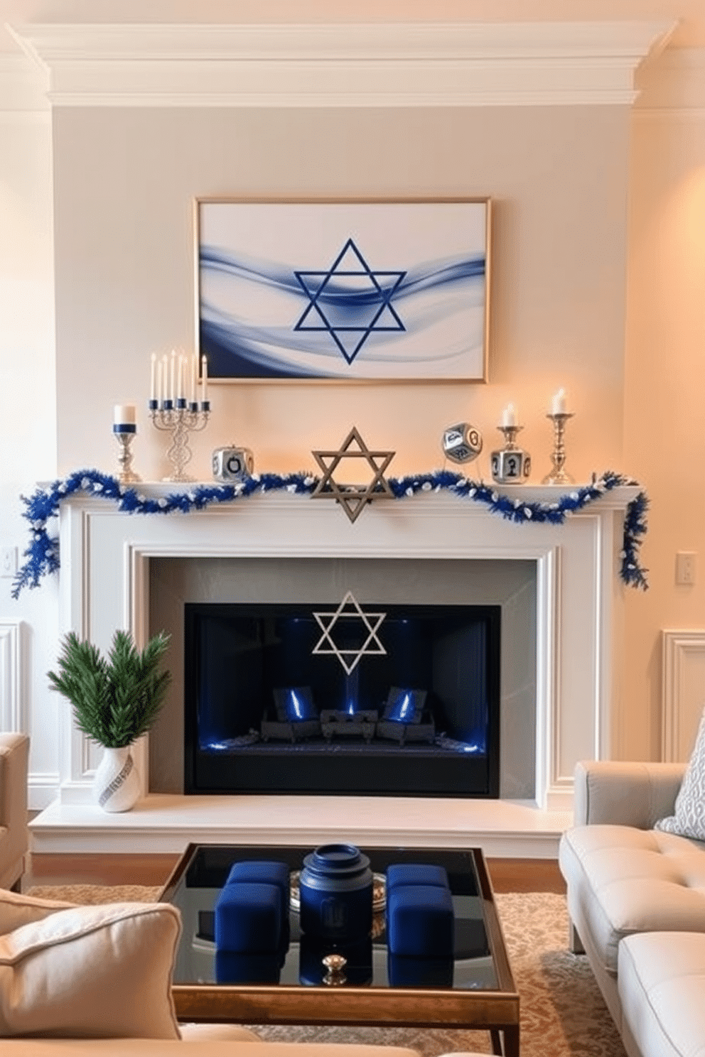 A contemporary living room featuring a sleek, modern fireplace mantel adorned with traditional Hanukkah symbols. The mantel is decorated with elegant blue and silver accents, including a menorah, decorative dreidels, and a beautiful star of David centerpiece, all harmoniously integrated into the overall design. The walls are painted in a soft white, providing a clean backdrop that highlights the vibrant decorations. Warm, ambient lighting enhances the cozy atmosphere, while plush seating invites guests to gather and celebrate the holiday in style.