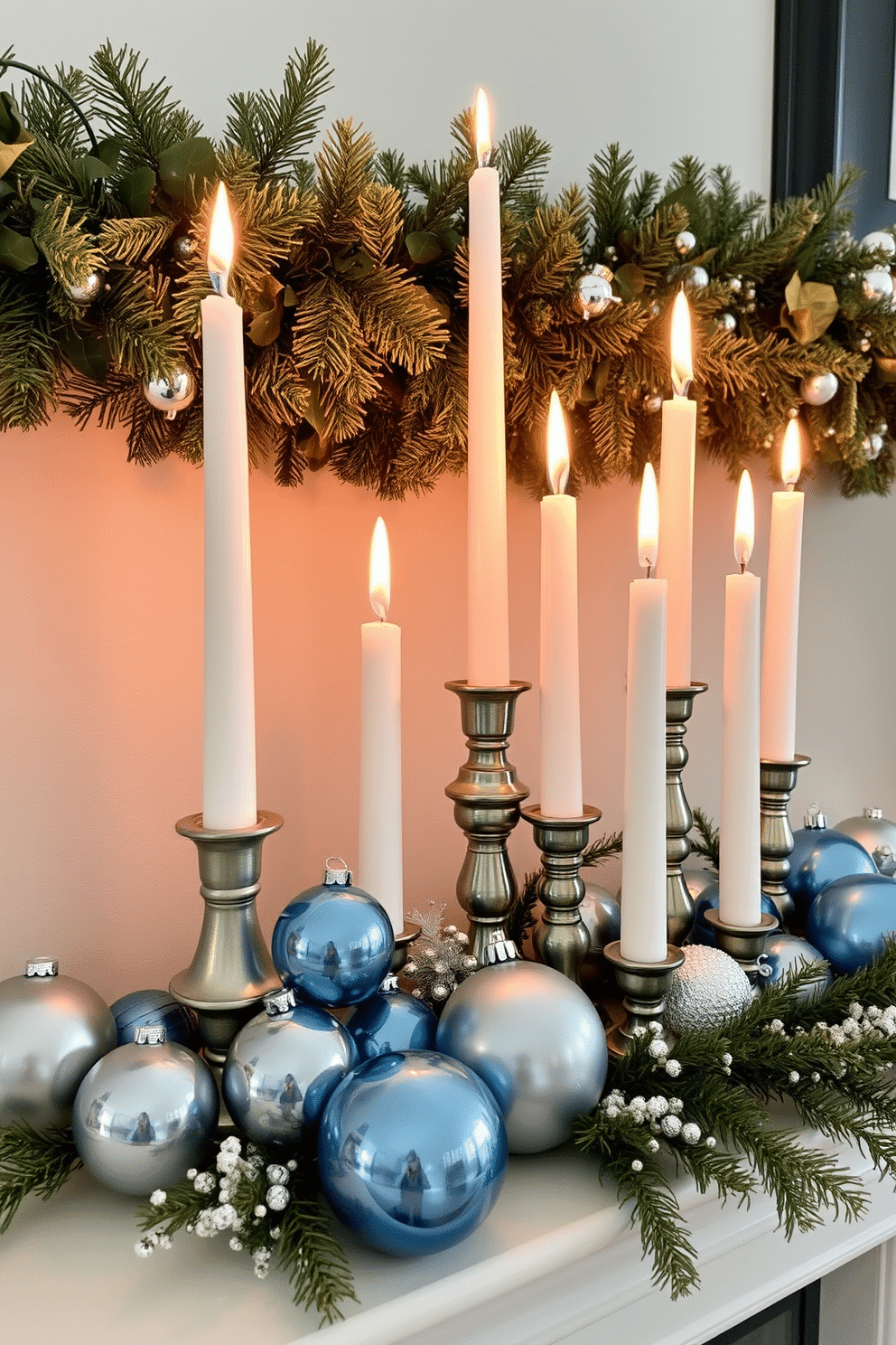 A beautifully arranged mantel decorated for Hanukkah features an assortment of candles in varying heights, creating visual interest and a warm ambiance. The candles are artfully placed among delicate blue and silver ornaments, with a backdrop of a festive garland that adds texture and color to the display.