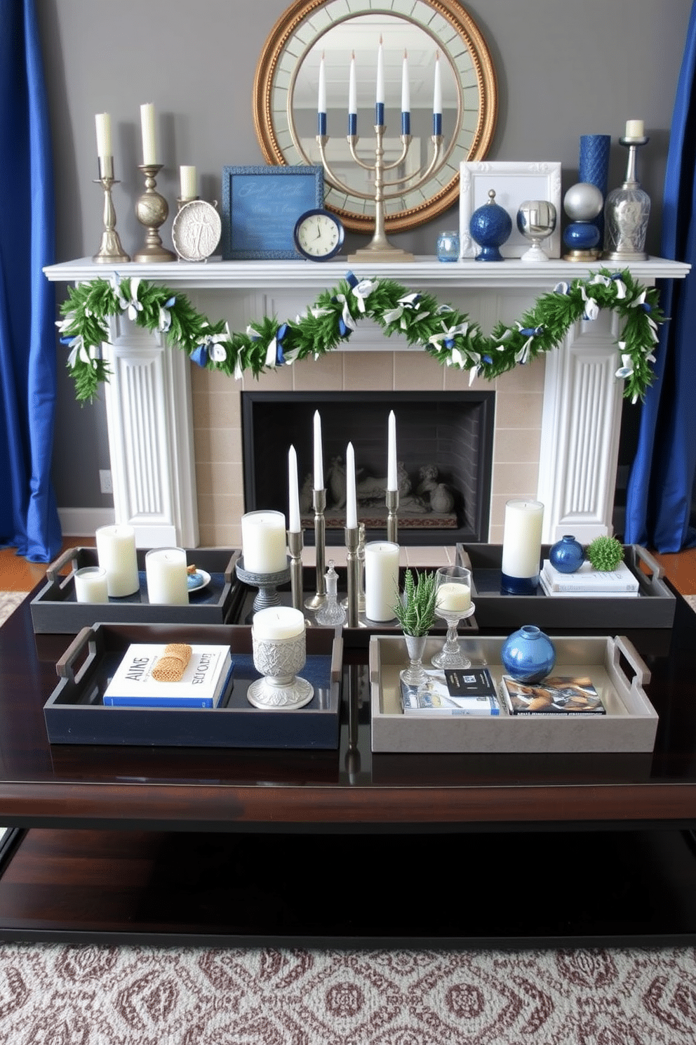 A collection of decorative trays arranged on a stylish coffee table. Each tray showcases curated items, such as candles, books, and small plants, creating an organized yet inviting display. A beautifully decorated mantel for Hanukkah, featuring a mix of traditional and modern elements. The mantel is adorned with blue and silver accents, including menorah candles, decorative dreidels, and festive garlands.