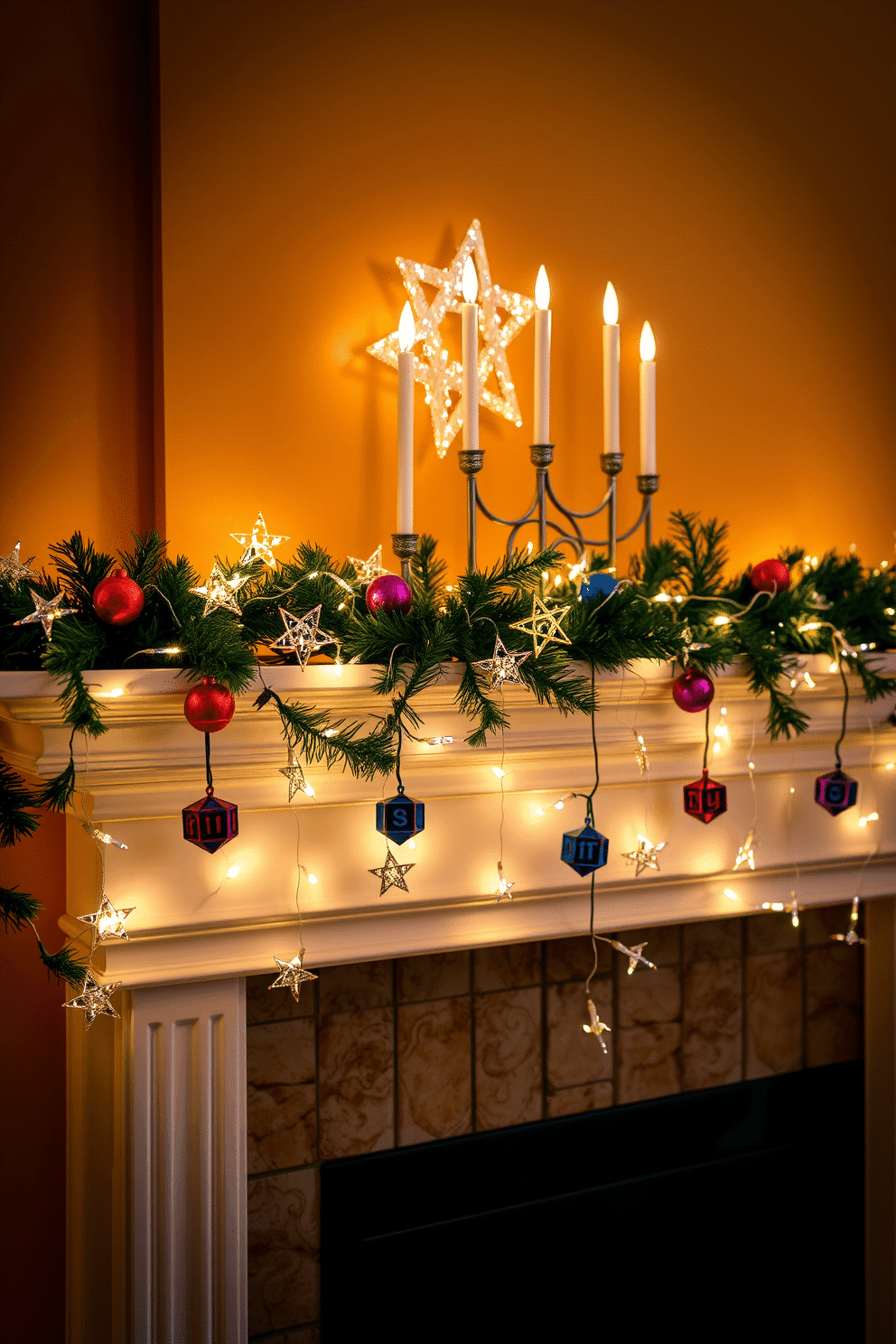 A festive garland drapes elegantly across the mantel, adorned with shimmering stars and colorful dreidels that capture the spirit of Hanukkah. The backdrop features a warm, inviting color palette, complemented by twinkling fairy lights that illuminate the decorations, creating a cozy atmosphere for celebration.