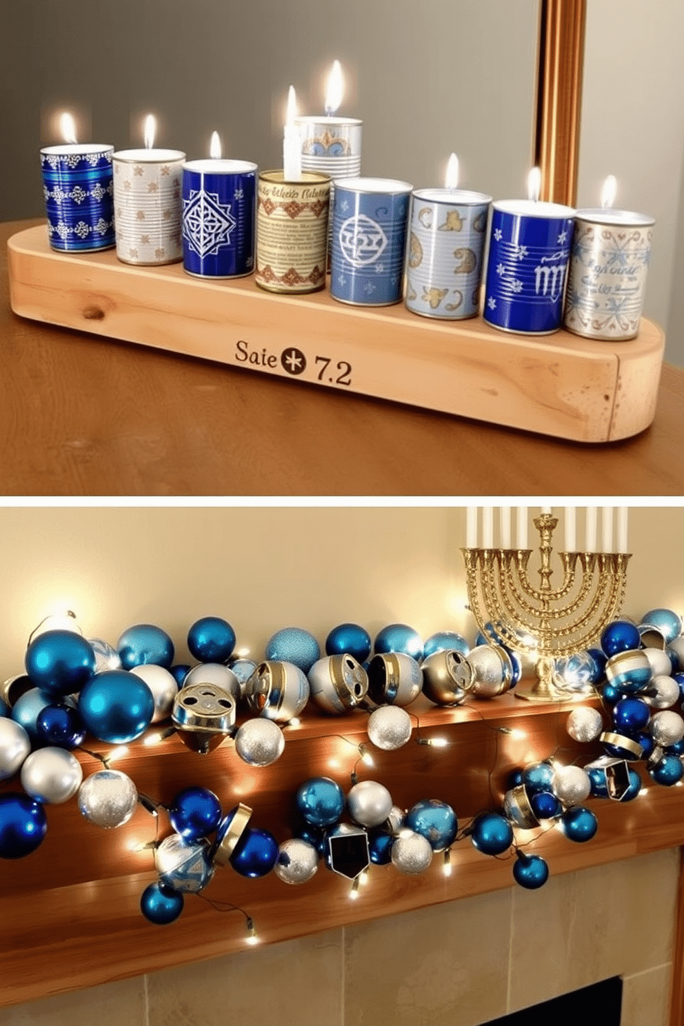 A DIY menorah crafted from recycled materials features a sturdy base made from a repurposed wooden plank, with candle holders fashioned from tin cans painted in vibrant colors. Each candle holder is adorned with unique patterns created from leftover fabric scraps, adding a personal touch to this eco-friendly decoration. For mantel Hanukkah decorating ideas, the mantel is adorned with a festive garland made of blue and silver ornaments, interspersed with twinkling fairy lights. Complementing the garland, a collection of decorative dreidels and a beautifully crafted menorah serve as the focal points, creating a warm and inviting atmosphere for the holiday.