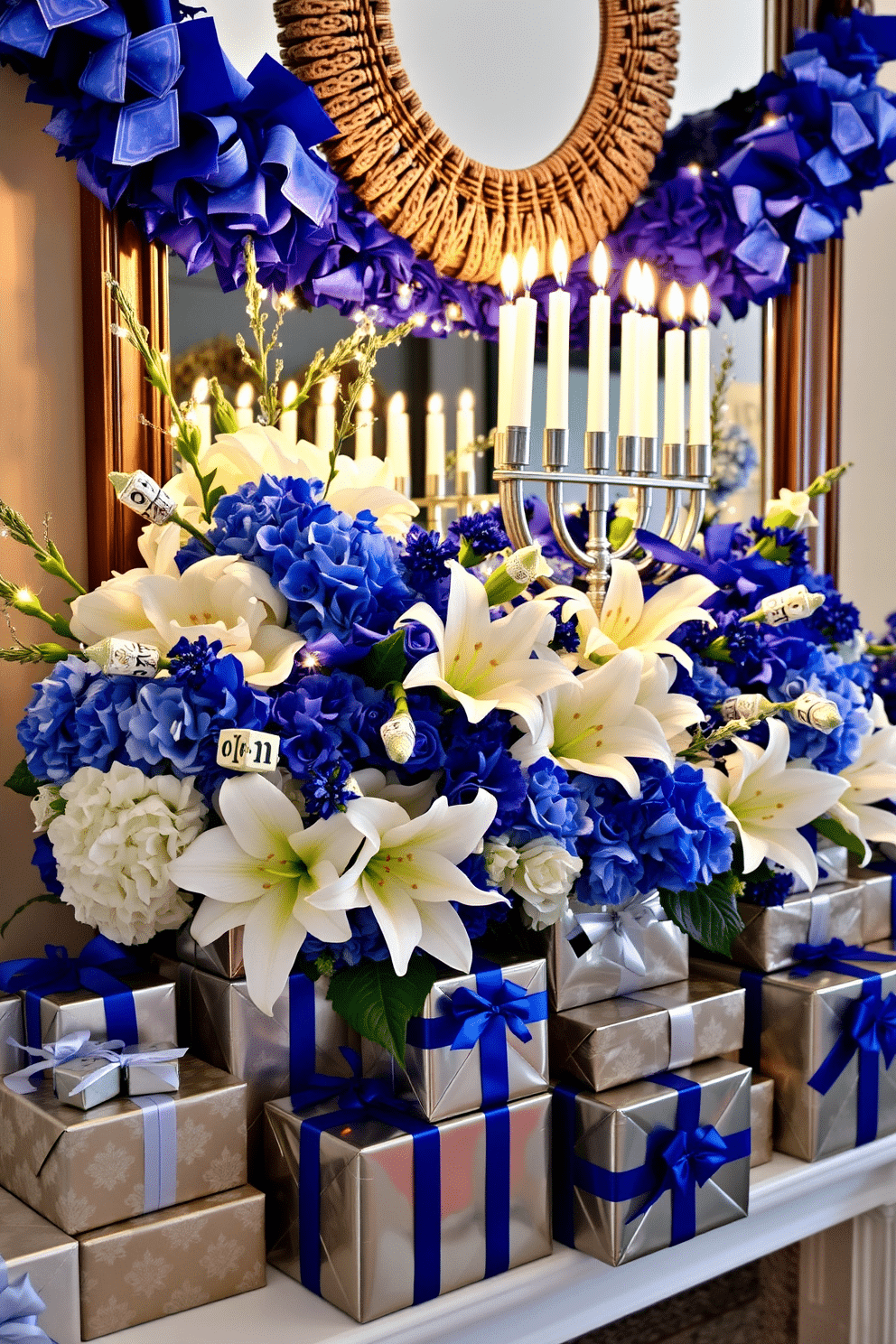 A festive mantel adorned with fresh flowers in vibrant Hanukkah colors, including deep blues, bright whites, and rich silvers. The arrangement features elegant blooms such as hydrangeas and lilies, complemented by twinkling fairy lights and decorative dreidels. Surrounding the flowers, a collection of beautifully wrapped gifts in metallic paper adds a touch of luxury. The mantel is finished with a striking menorah, casting a warm glow over the cheerful display.