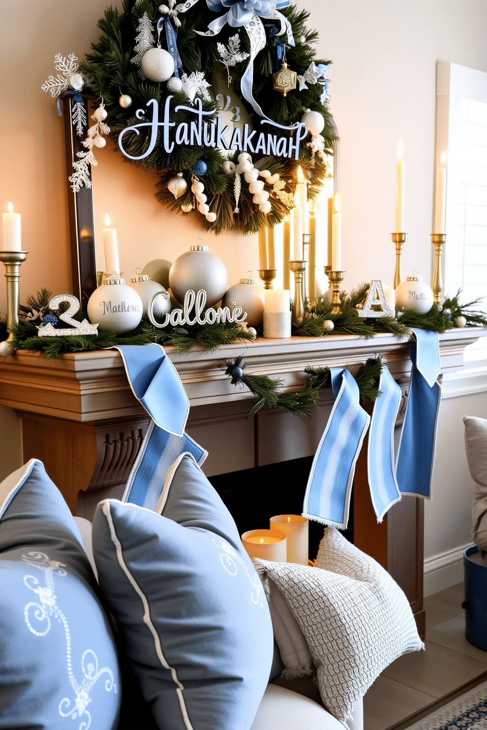 A cozy living room mantel adorned for Hanukkah features personalized ornaments with family names elegantly displayed. Soft blue and silver accents complement the warm glow of candles, creating a festive atmosphere filled with family warmth and tradition.