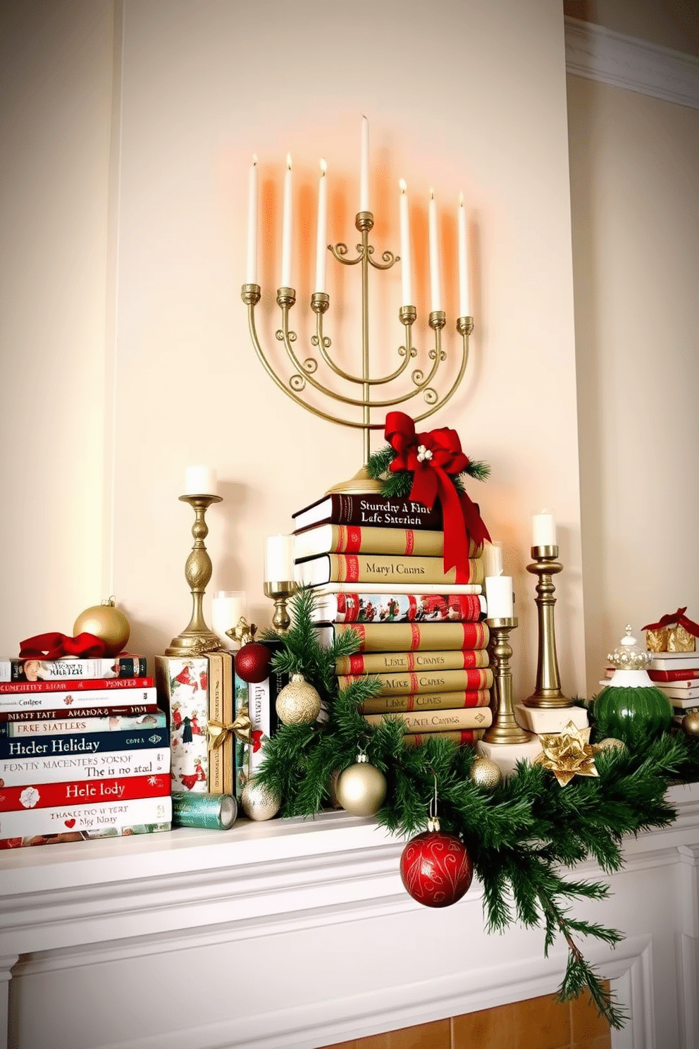 A cozy holiday mantel adorned with stacked books featuring festive themes, including winter scenes and holiday stories. The mantel is decorated with elegant ornaments, candles, and a garland of greenery, creating a warm and inviting atmosphere. Above the mantel, a beautiful menorah stands proudly, illuminated by flickering candles. The backdrop is a soft, neutral wall that enhances the vibrant colors of the holiday decorations, making the space feel both festive and sophisticated.