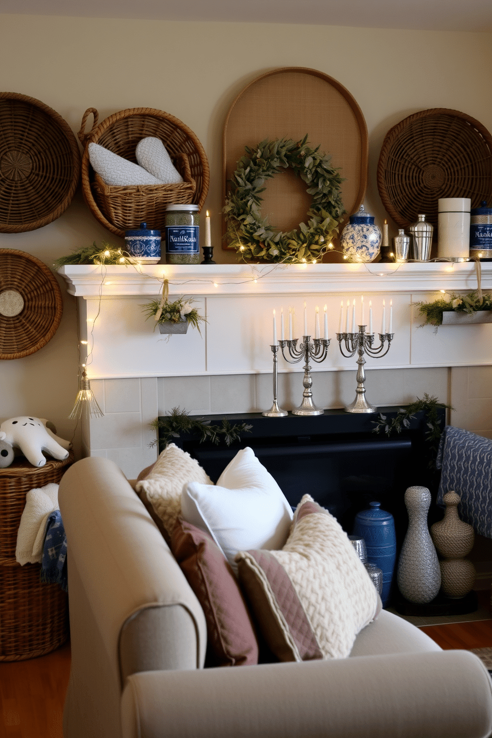 A cozy living room adorned with woven baskets that add a rustic charm. The baskets are filled with soft blankets and seasonal decor, enhancing the warmth of the space. A beautifully decorated mantel for Hanukkah, featuring a collection of elegant menorahs and blue and silver accents. Delicate string lights drape across the mantel, creating a festive atmosphere perfect for family gatherings.