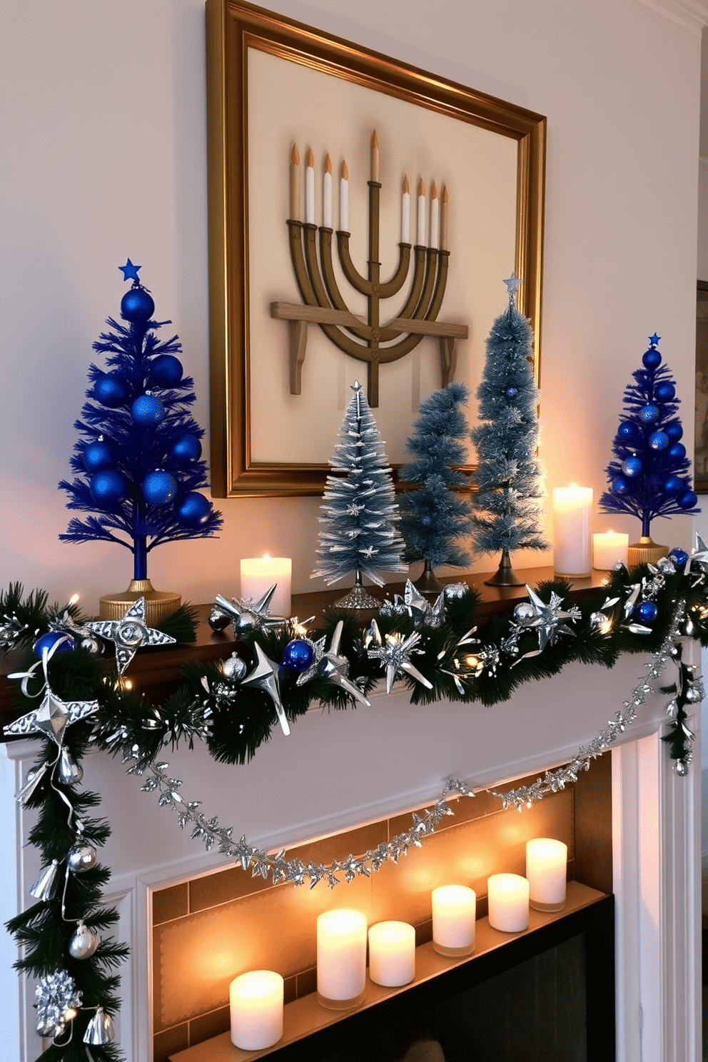 A cozy living room mantel decorated for Hanukkah features miniature trees adorned with blue ornaments, adding a festive touch to the space. The mantel is draped with shimmering garlands and surrounded by candles, creating a warm and inviting atmosphere.