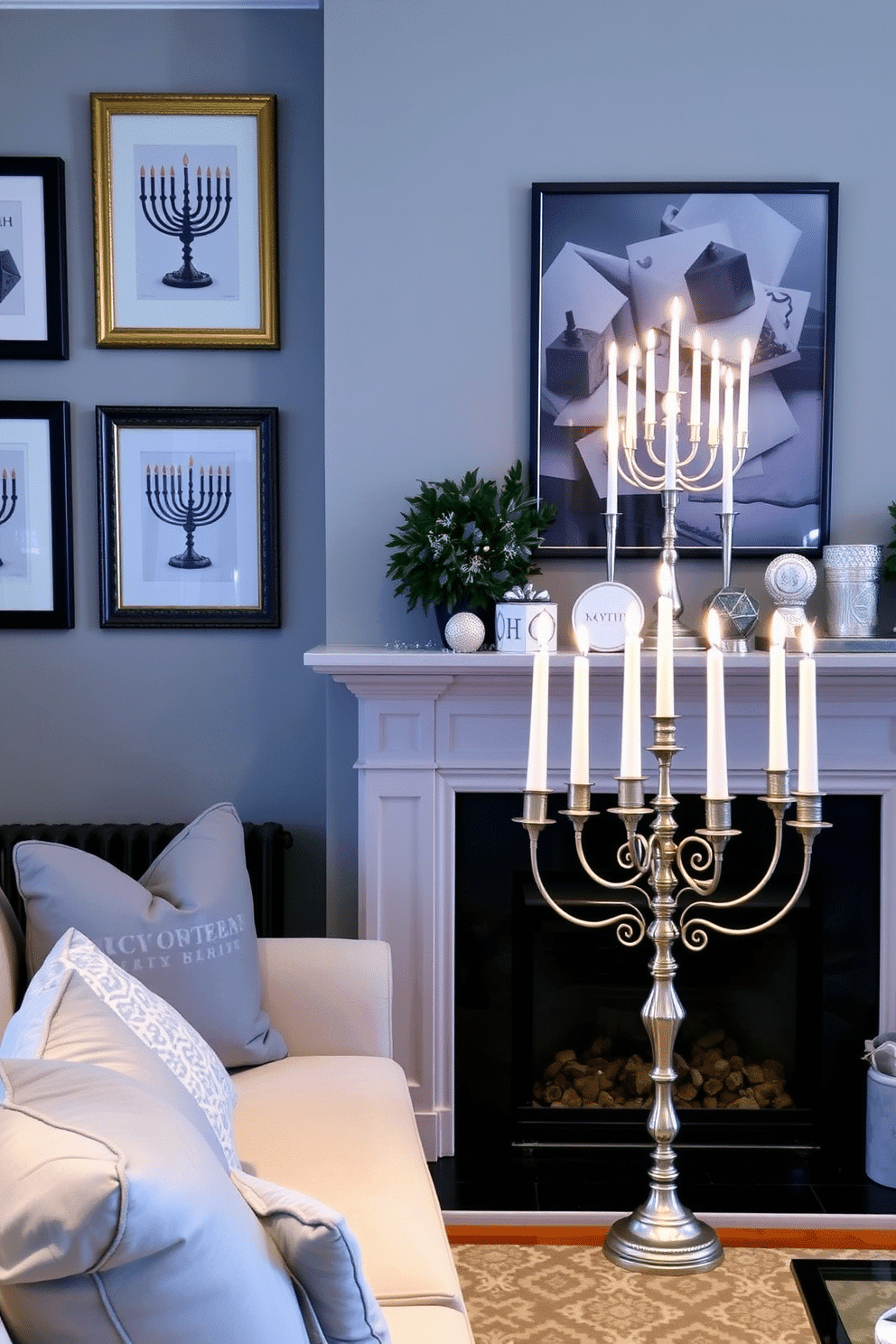 A cozy living room adorned with seasonal artwork featuring Hanukkah themes. The walls are decorated with framed prints of menorahs and dreidels, creating a festive atmosphere. On the mantel, a collection of elegant Hanukkah decorations is displayed. Soft blue and silver accents complement the flickering candles of a beautifully arranged menorah.