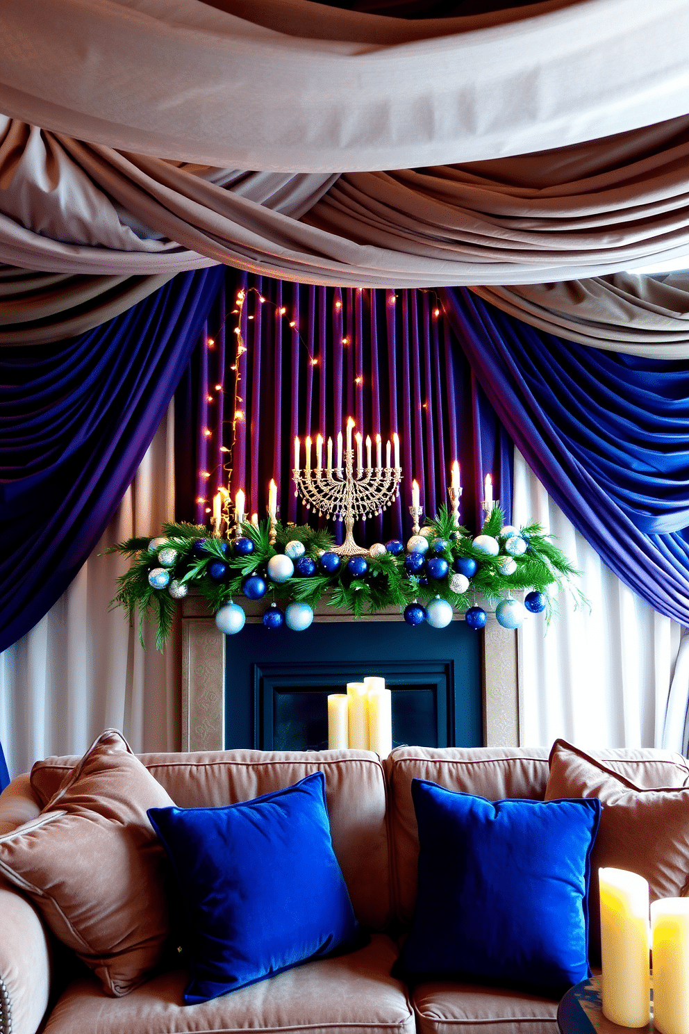 A luxurious living room adorned with elegant fabric draping that cascades gracefully from the ceiling to the floor, creating an intimate and cozy atmosphere. The drapes are in rich jewel tones, complemented by soft, plush throw pillows scattered across a velvet sofa. The mantel is beautifully decorated for Hanukkah, featuring a stunning menorah as the centerpiece, surrounded by twinkling fairy lights and vibrant blue and silver ornaments. Fresh greenery and decorative dreidels add a festive touch, while a collection of candles in varying heights creates a warm and inviting glow.