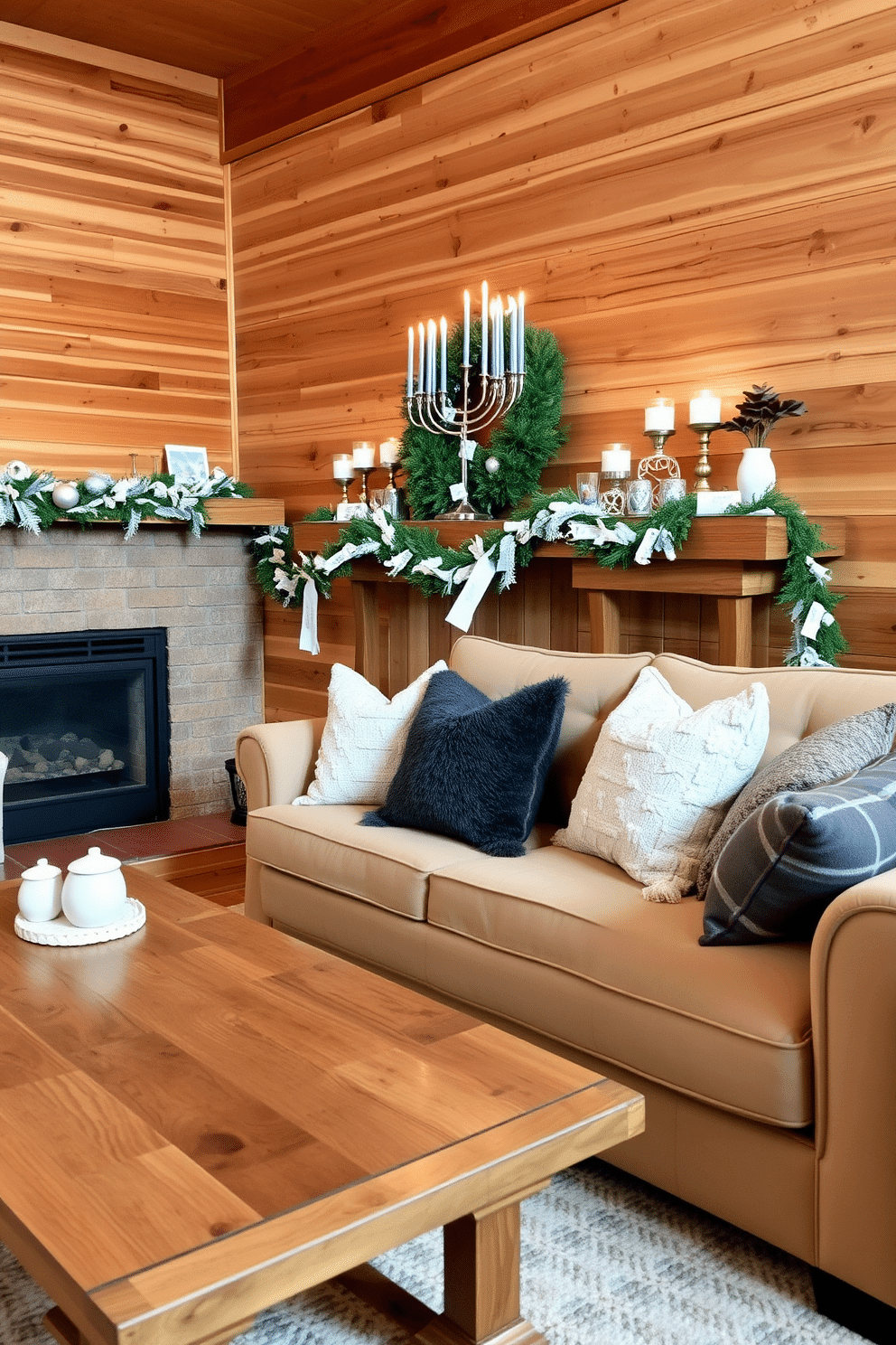 A cozy living room featuring wooden accents that create a warm aesthetic. The space includes a large wooden coffee table, complemented by a plush beige sofa adorned with textured throw pillows. For the mantel, festive Hanukkah decorations are elegantly arranged, including a beautiful menorah with lit candles and a collection of decorative dreidels. Soft blue and white garlands drape across the mantel, adding a touch of holiday spirit to the warm wooden tones.