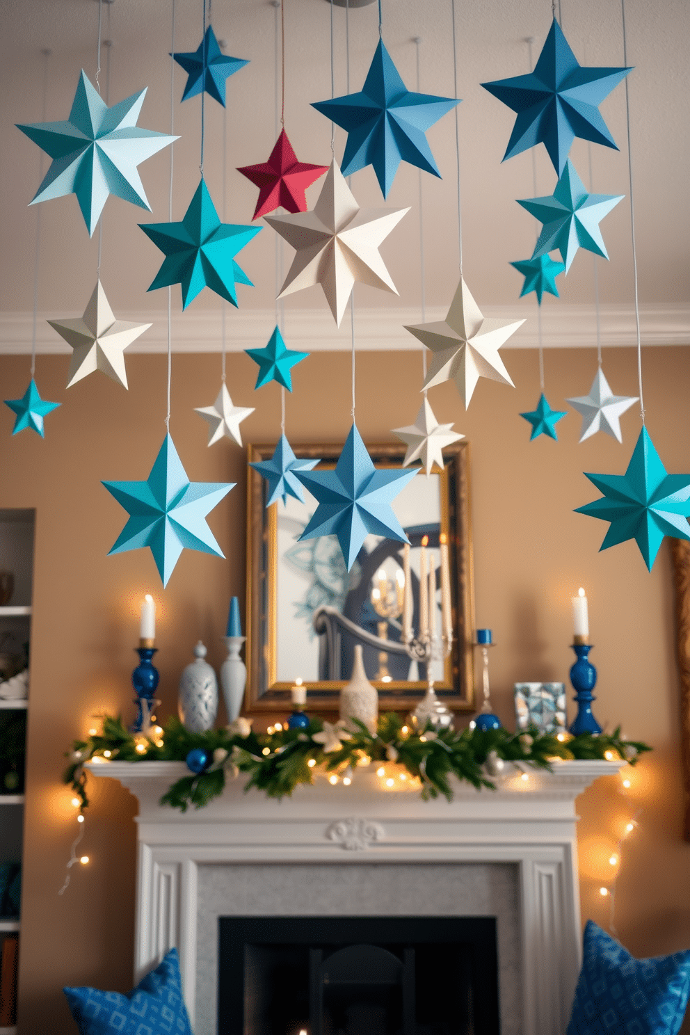 A cozy living room adorned with hanging paper stars in various sizes, creating a whimsical and festive atmosphere. The stars are crafted from colorful paper, suspended at different heights above a beautifully decorated mantel. The mantel is adorned with a mix of traditional and modern Hanukkah decorations, including a menorah with glowing candles, elegant blue and silver accents, and a garland of fresh greenery. Soft white lights twinkle around the mantel, enhancing the warm and inviting ambiance of the space.