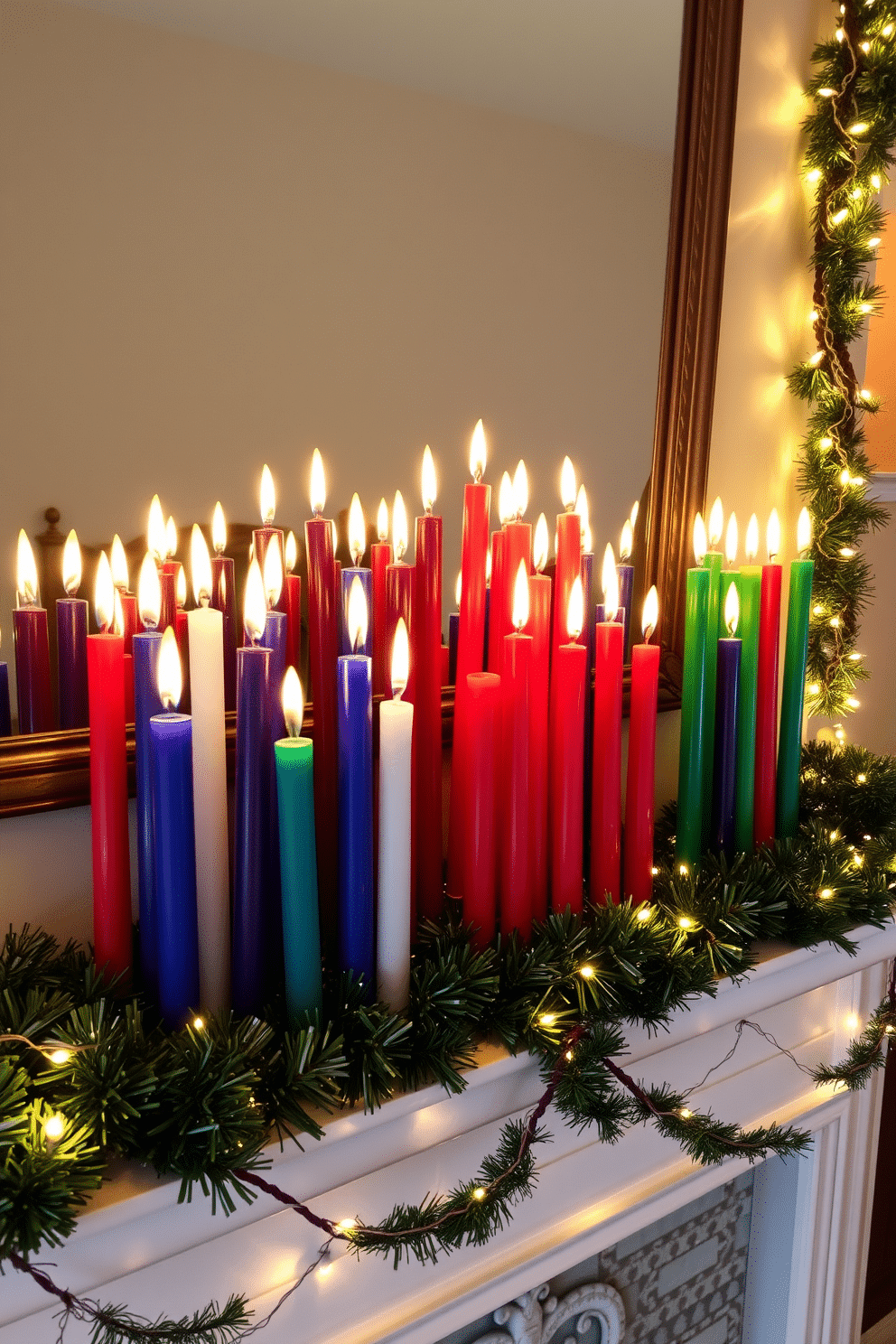 A vibrant display of colorful candles arranged in clusters on a festive mantelpiece, creating a warm and inviting atmosphere. The candles vary in height and color, with deep blues, rich reds, and bright greens, surrounded by decorative garlands and twinkling fairy lights for a cheerful Hanukkah celebration.