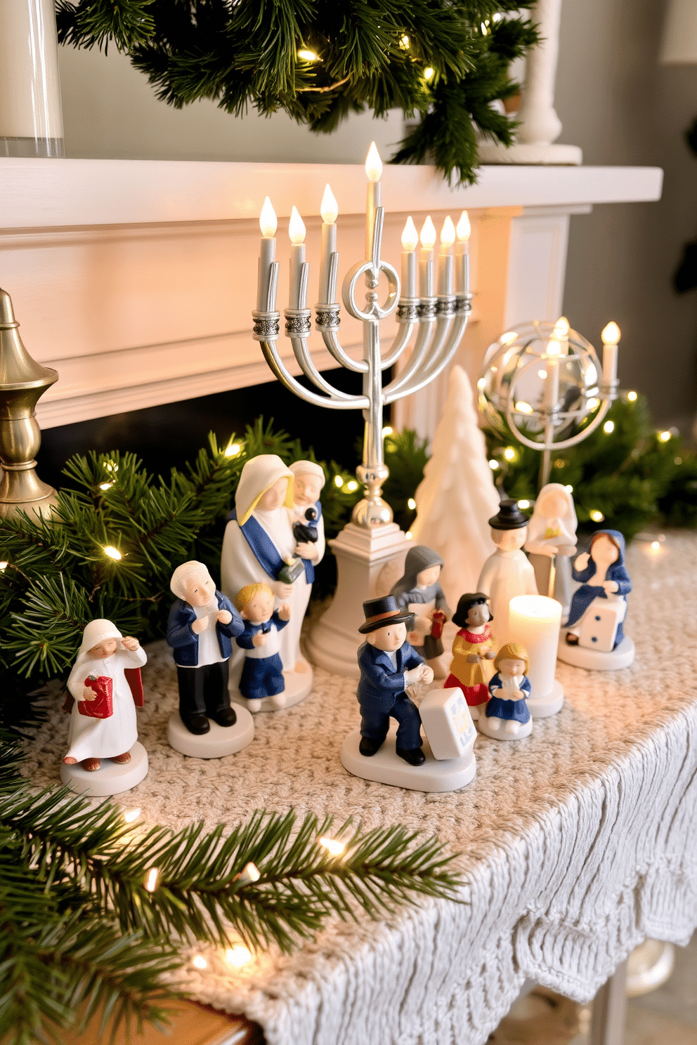 A charming mantel adorned with figurines depicting various Hanukkah scenes, including a menorah, dreidels, and families celebrating together. The figurines are arranged on a beautifully textured runner, complemented by twinkling fairy lights and sprigs of evergreen for a festive touch.