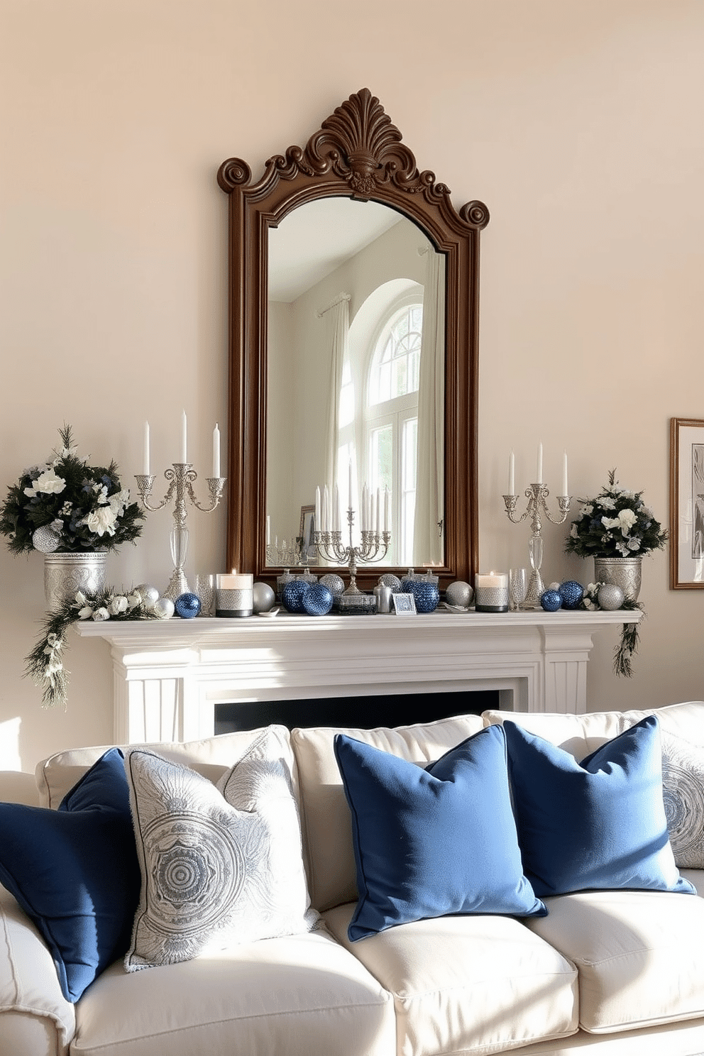 A bright and airy living room features a large, ornate mirror above a sleek mantelpiece, enhancing the natural light flowing through the space. The mantel is beautifully decorated for Hanukkah, adorned with elegant menorahs, shimmering blue and silver accents, and a collection of festive candles that create a warm glow. The walls are painted in a soft cream color, which complements the rich wood tones of the mantel and the mirror frame. Plush pillows in shades of blue and white are arranged on a cozy sofa, inviting guests to relax and enjoy the holiday ambiance.