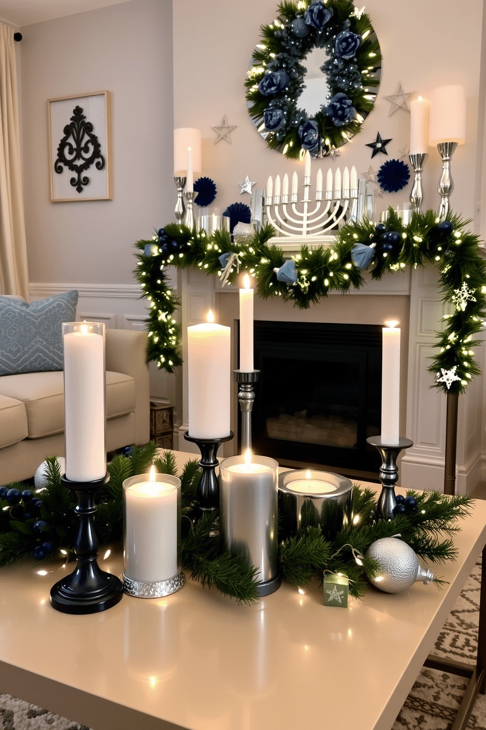 A cozy living room adorned with seasonal scents emanating from decorative candles placed on a stylish coffee table. The candles are arranged in various heights, surrounded by festive greenery and twinkling fairy lights, creating a warm and inviting atmosphere. A beautifully decorated mantelpiece for Hanukkah, featuring a menorah at the center, flanked by elegant blue and silver accents. Surrounding the menorah are decorative dreidels and a garland of shimmering stars, enhancing the festive spirit of the holiday.