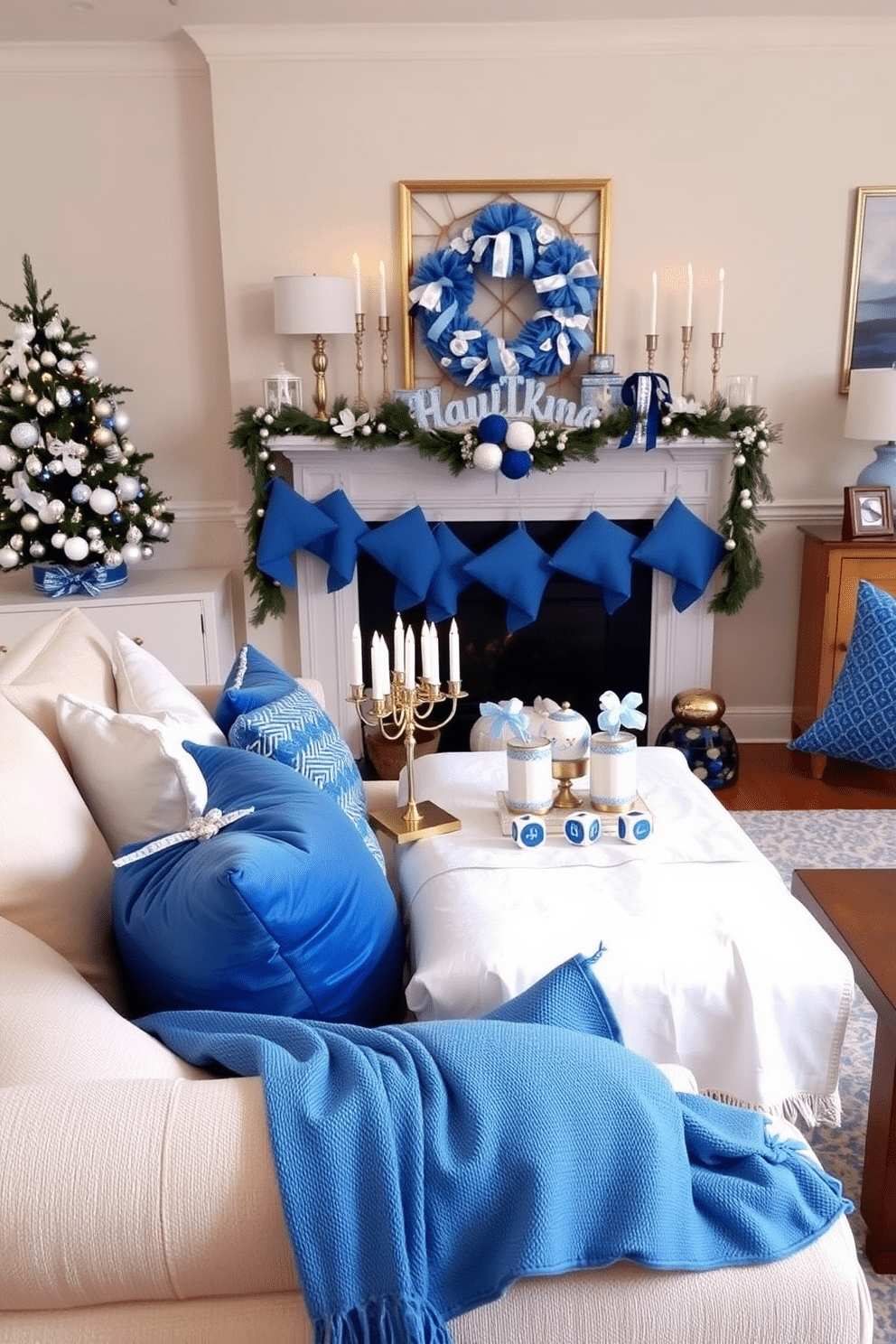 A cozy living room adorned with blue and white themed decorations. The mantel is beautifully decorated for Hanukkah, featuring a collection of elegant menorahs and decorative dreidels arranged on a crisp white table runner. Soft blue accents are incorporated through decorative pillows and throws on a plush sofa, creating a serene atmosphere. The walls are adorned with art that complements the blue and white palette, enhancing the festive yet tranquil ambiance.