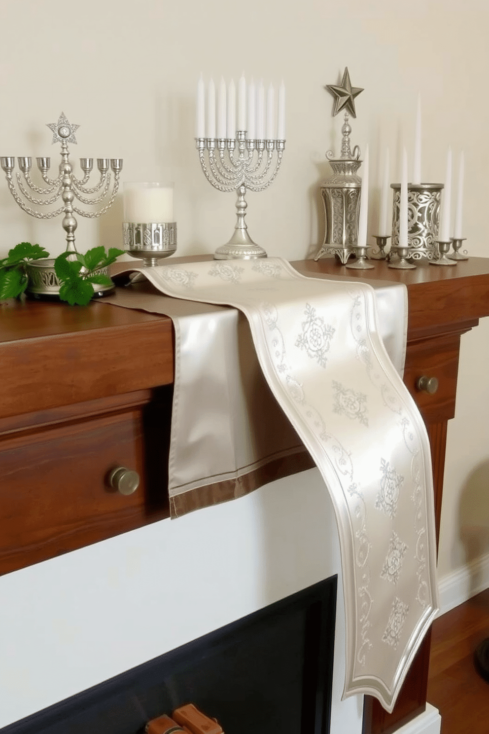 An elegant table runner drapes gracefully across the mantel, adorned with intricate silver embroidery that catches the light. Complementing the runner, a collection of decorative menorahs and candles is artfully arranged, creating a warm and inviting atmosphere for Hanukkah celebrations.