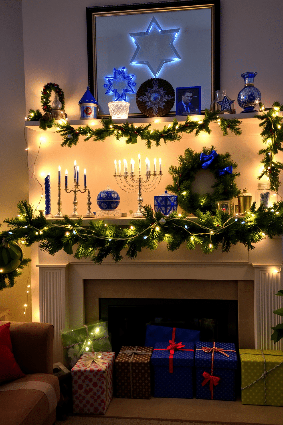 A cozy living room adorned with string lights that cast a warm, inviting glow throughout the space. The lights are draped elegantly across the mantel, complementing festive Hanukkah decorations that include blue and silver accents, along with traditional menorahs and decorative dreidels. The mantel is framed with evergreen garlands, interspersed with twinkling fairy lights that enhance the holiday spirit. Below, a collection of beautifully wrapped gifts in vibrant colors adds a touch of cheer to the overall aesthetic.