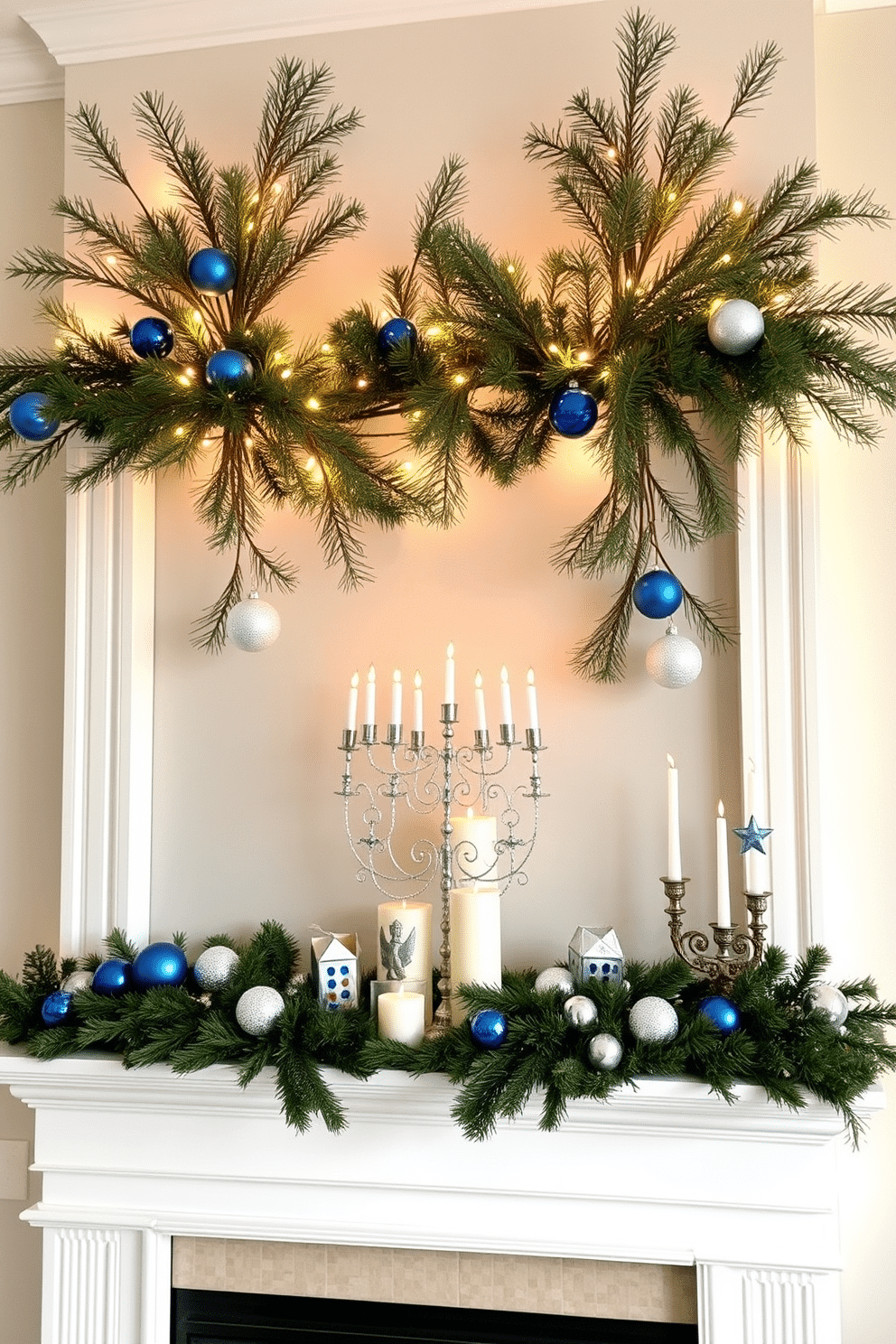 A cozy living room setting adorned with a beautifully decorated mantel for Hanukkah. The mantel is embellished with pine branches, twinkling fairy lights, and a collection of blue and silver ornaments, creating a warm and inviting atmosphere. On the mantel, a set of elegant menorahs stands proudly alongside decorative dreidels and candles. The backdrop features a soft, neutral wall color that complements the rich textures of the pine branches and festive decor.