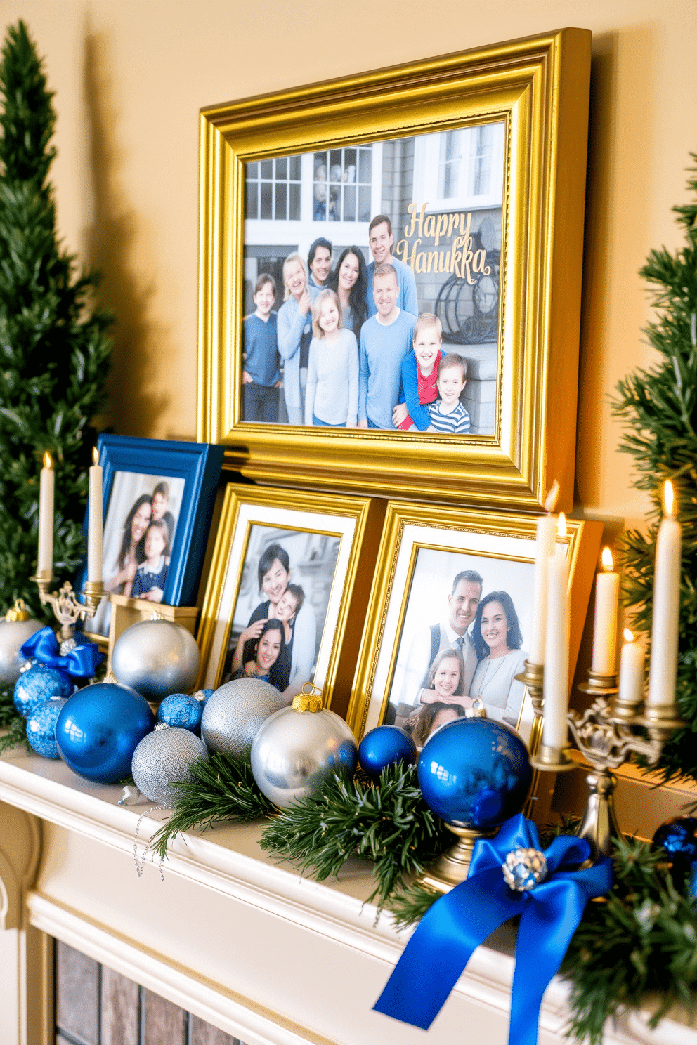 A cozy mantel decorated for Hanukkah features a collection of framed family photos capturing joyful moments from past celebrations. Surrounding the photos, elegant blue and silver ornaments, along with menorahs, create a festive atmosphere, while soft candlelight adds warmth to the scene.